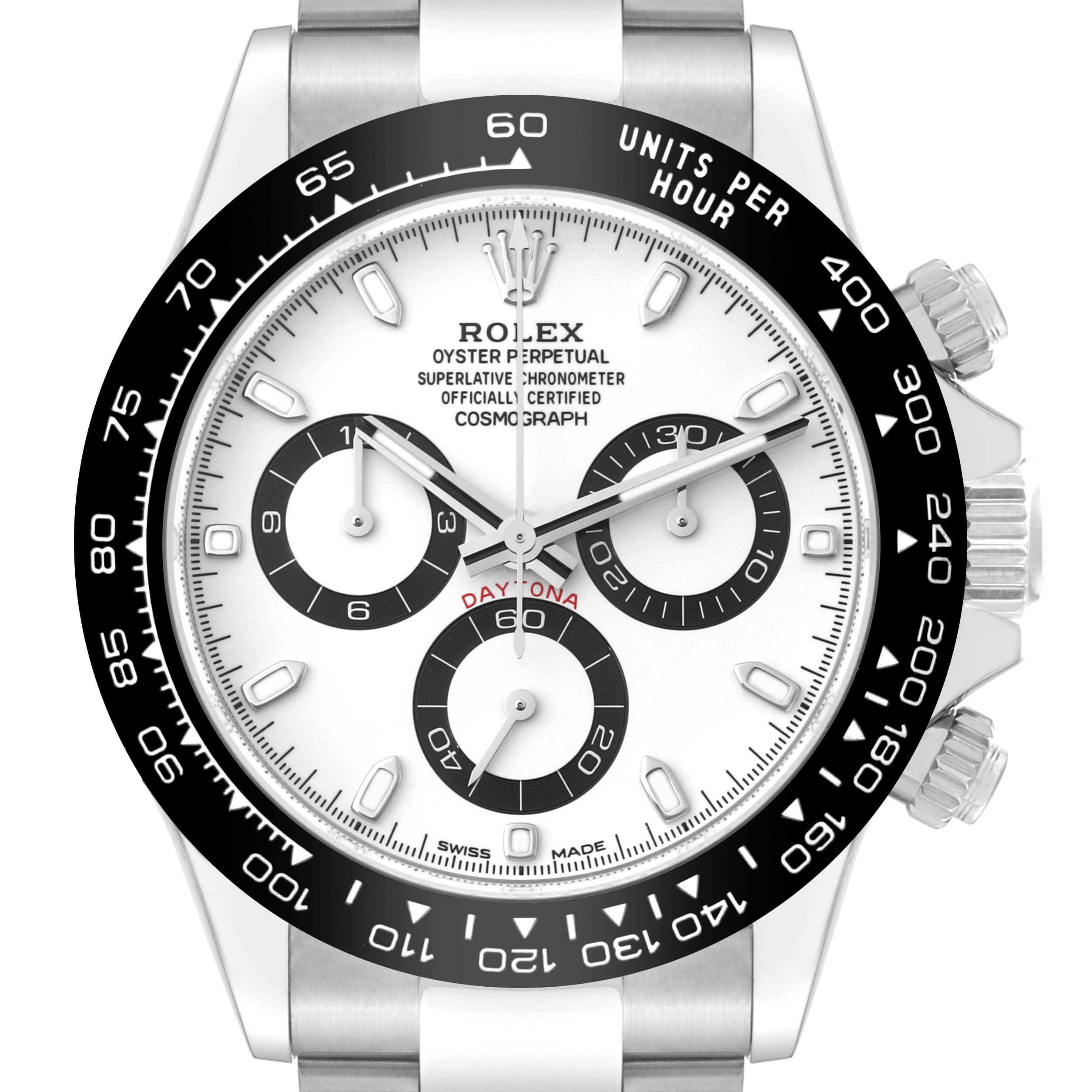 The image shows a front view of the Rolex Daytona 116500LN Men's Stainless Steel White Dial 116500LN Men's Stainless Steel White Dial watch, highlighting the dial, bezel, and chronograph sub-dials.