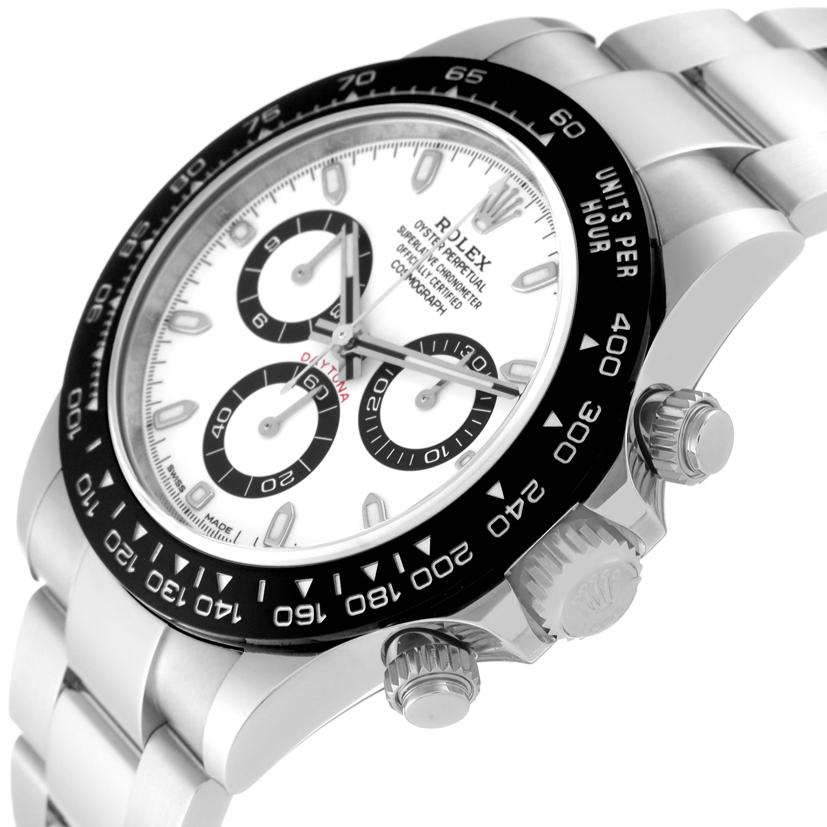 The image shows the Rolex Daytona 116500LN Men's Stainless Steel White Dial 116500LN Men's Stainless Steel White Dial watch from a three-quarter angle, highlighting its face, bezel, and part of the bracelet, as well as the crown and pushers.