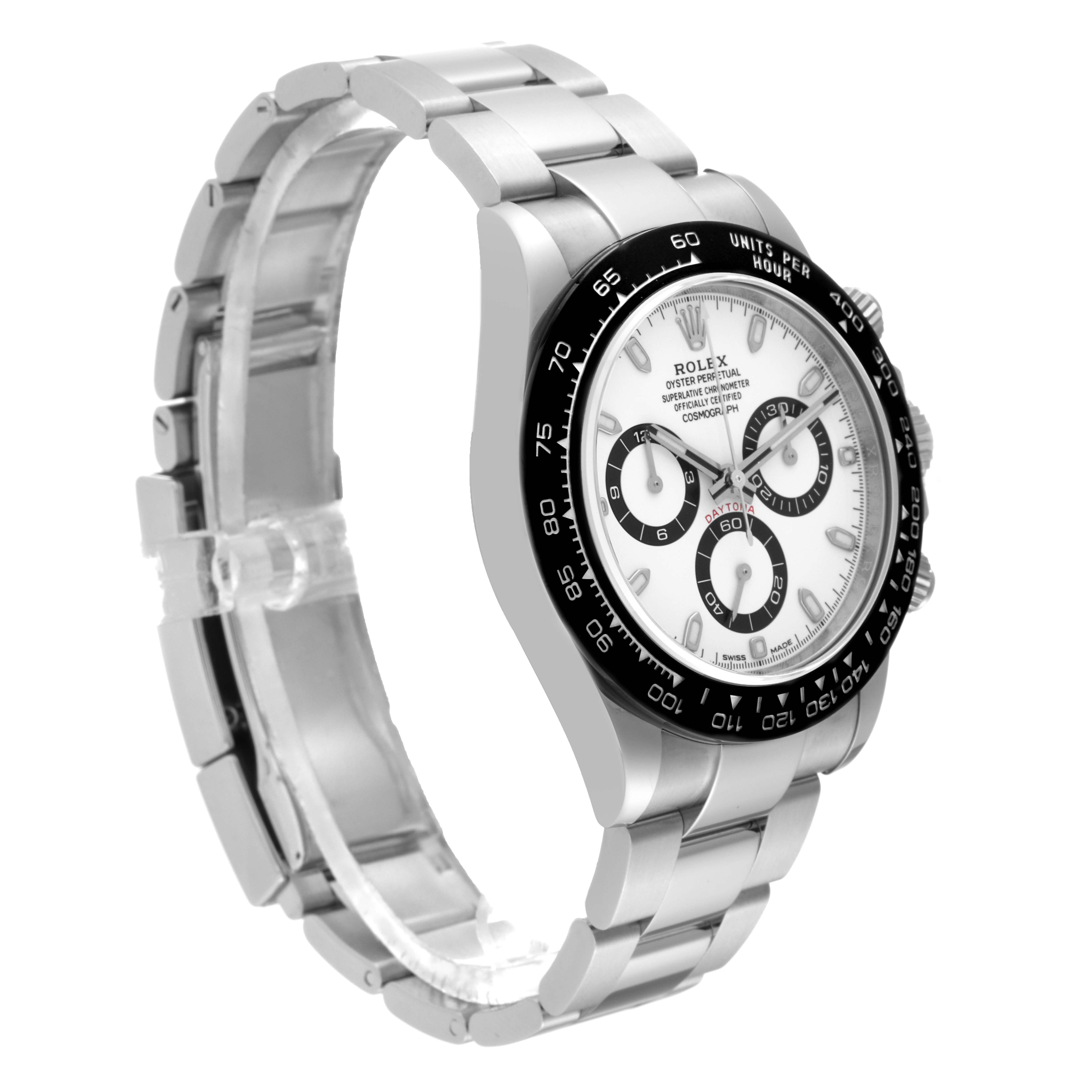 The Rolex Daytona 116500LN Men's Stainless Steel White Dial 116500LN Men's Stainless Steel White Dial watch is shown at an angle highlighting its stainless steel bracelet, bezel, and dial.