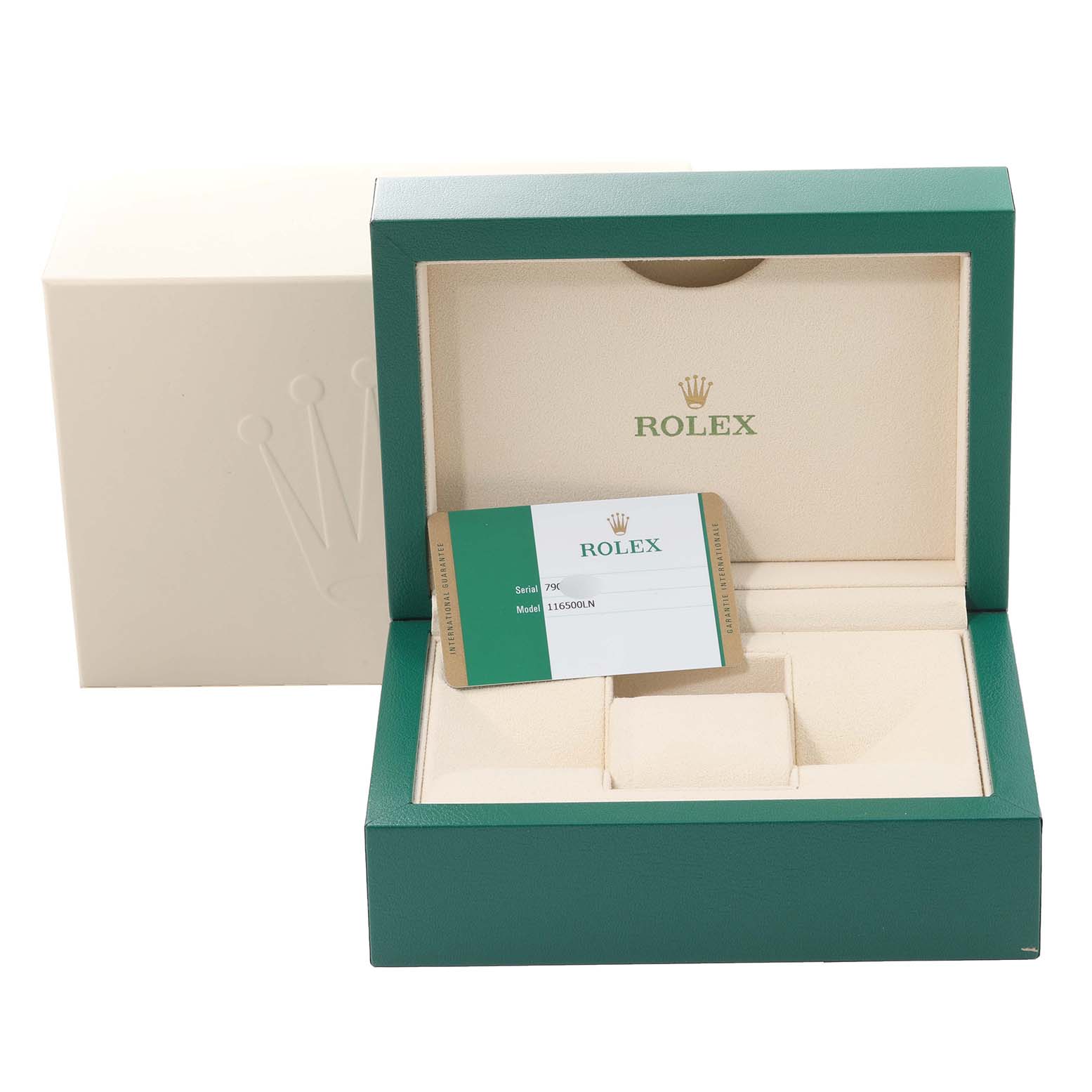 The image shows the open packaging and authentication card for a Rolex Daytona 116500LN Men's Stainless Steel White Dial 116500LN Men's Stainless Steel White Dial watch.