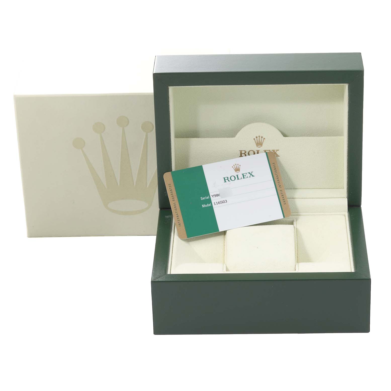 The image shows a Rolex Daytona 116503 Men's Steel and Gold (two tone) Champagne Dial 116503 Men's Steel and Gold (two tone) Champagne Dial watch box with its lid open and an authentication card displayed.