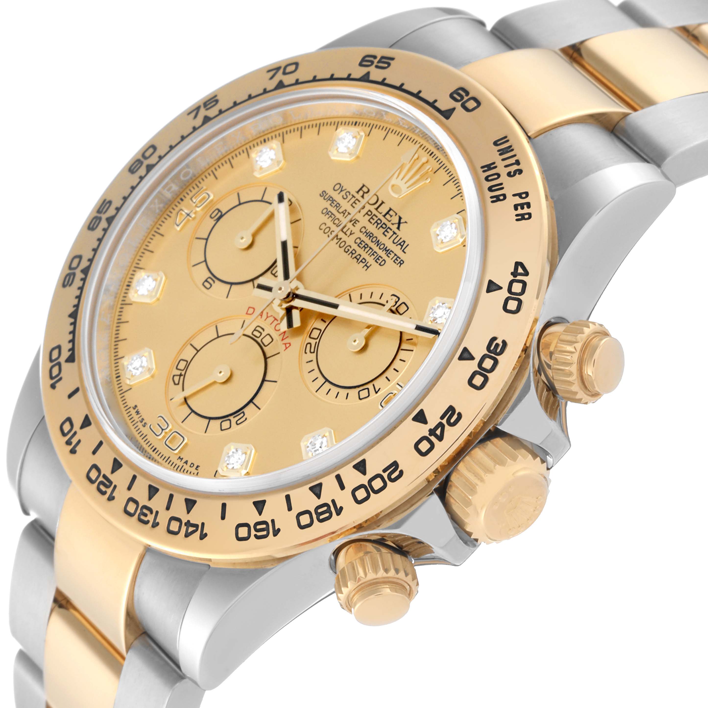 The image shows a close-up angle of the Rolex Daytona 116503 Men's Steel and Gold (two tone) Champagne Dial 116503 Men's Steel and Gold (two tone) Champagne Dial watch, highlighting its dial, bezel, crown, and pushers.