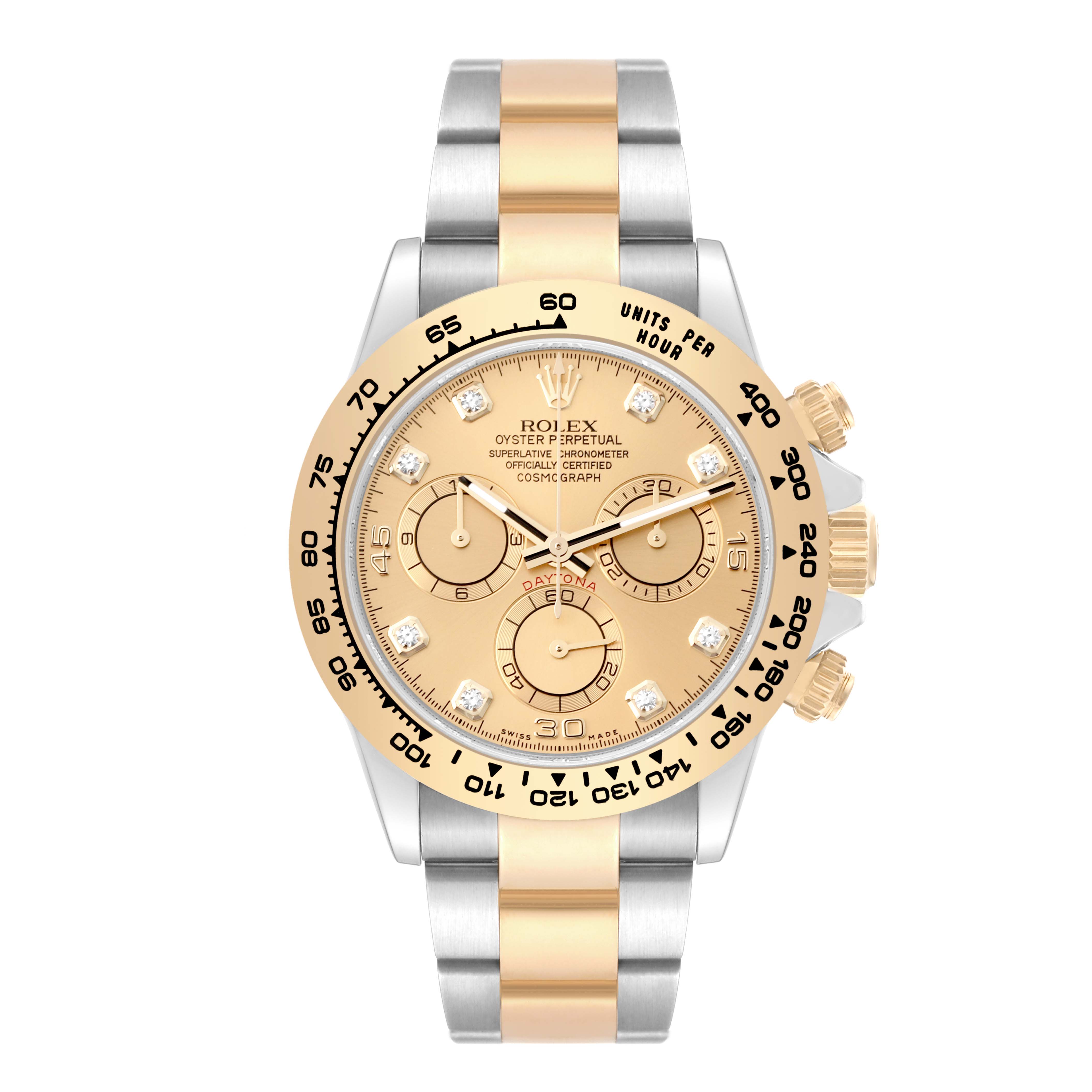 This image shows a frontal view of the Rolex Daytona 116503 Men's Steel and Gold (two tone) Champagne Dial 116503 Men's Steel and Gold (two tone) Champagne Dial watch with a gold and silver band and gold dial.