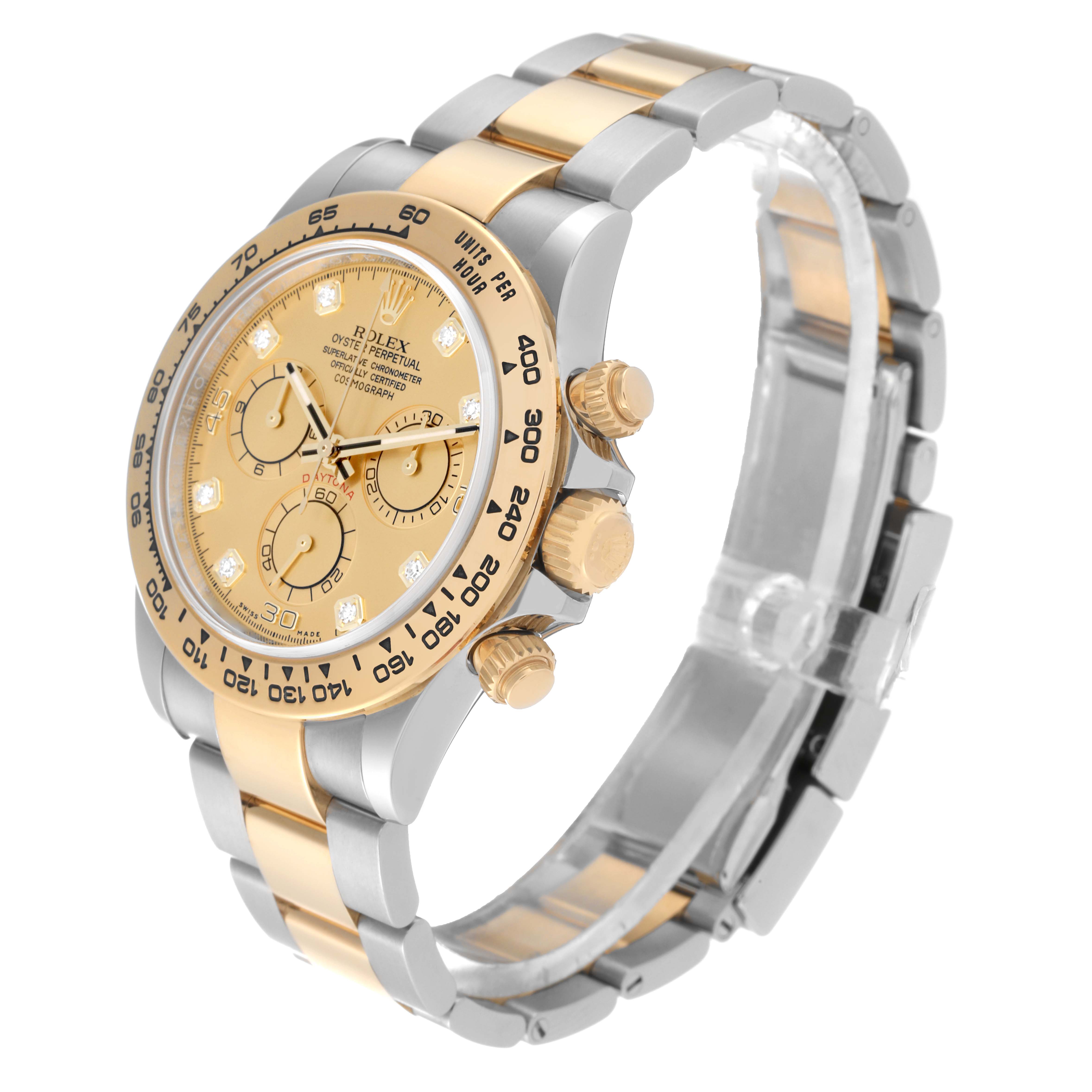 The Rolex Daytona 116503 Men's Steel and Gold (two tone) Champagne Dial 116503 Men's Steel and Gold (two tone) Champagne Dial watch is shown at a 3/4 angle, highlighting its face, crown, and bracelet.