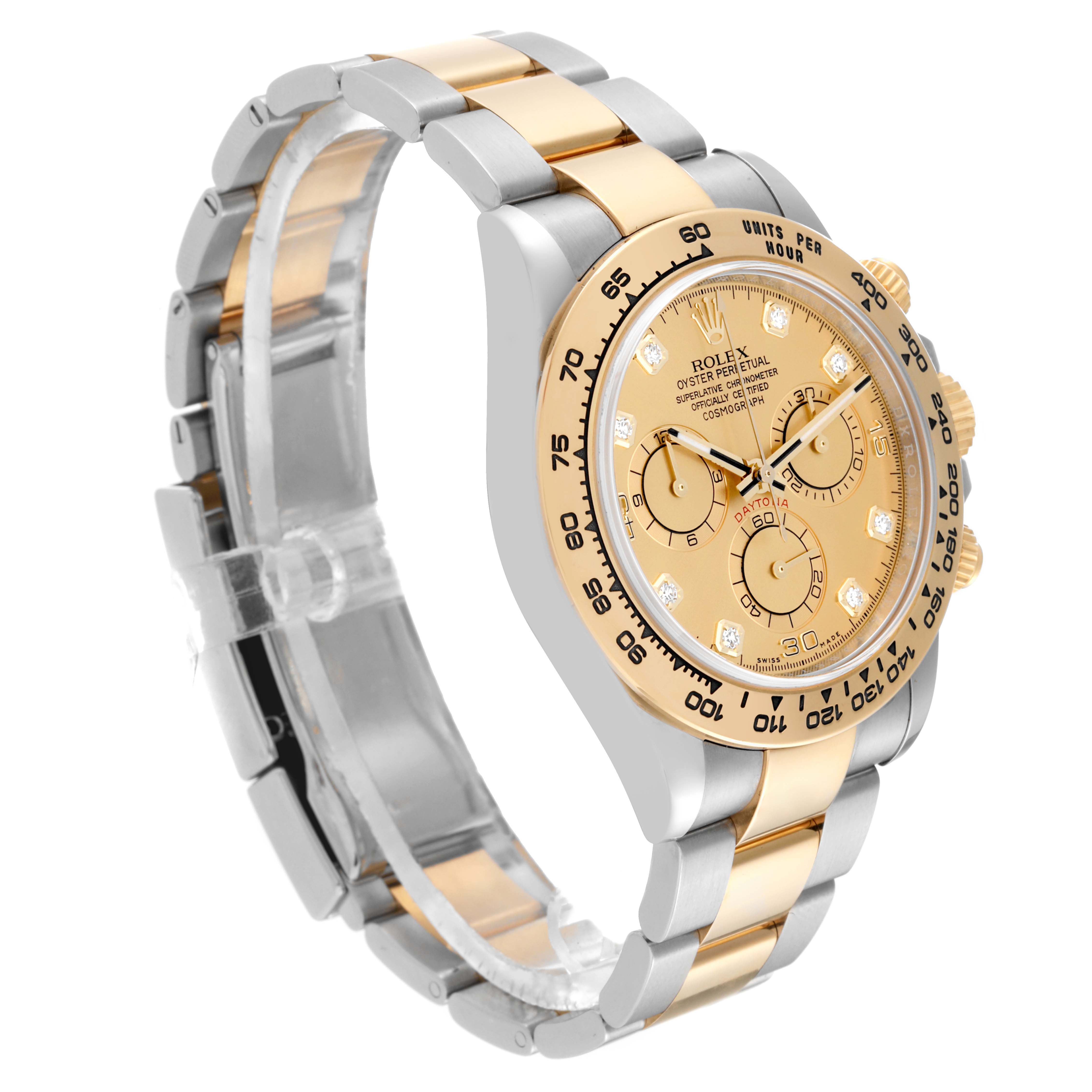 The Rolex Daytona 116503 Men's Steel and Gold (two tone) Champagne Dial 116503 Men's Steel and Gold (two tone) Champagne Dial watch is shown at a three-quarter angle highlighting the face, bezel, pushers, and two-tone bracelet.
