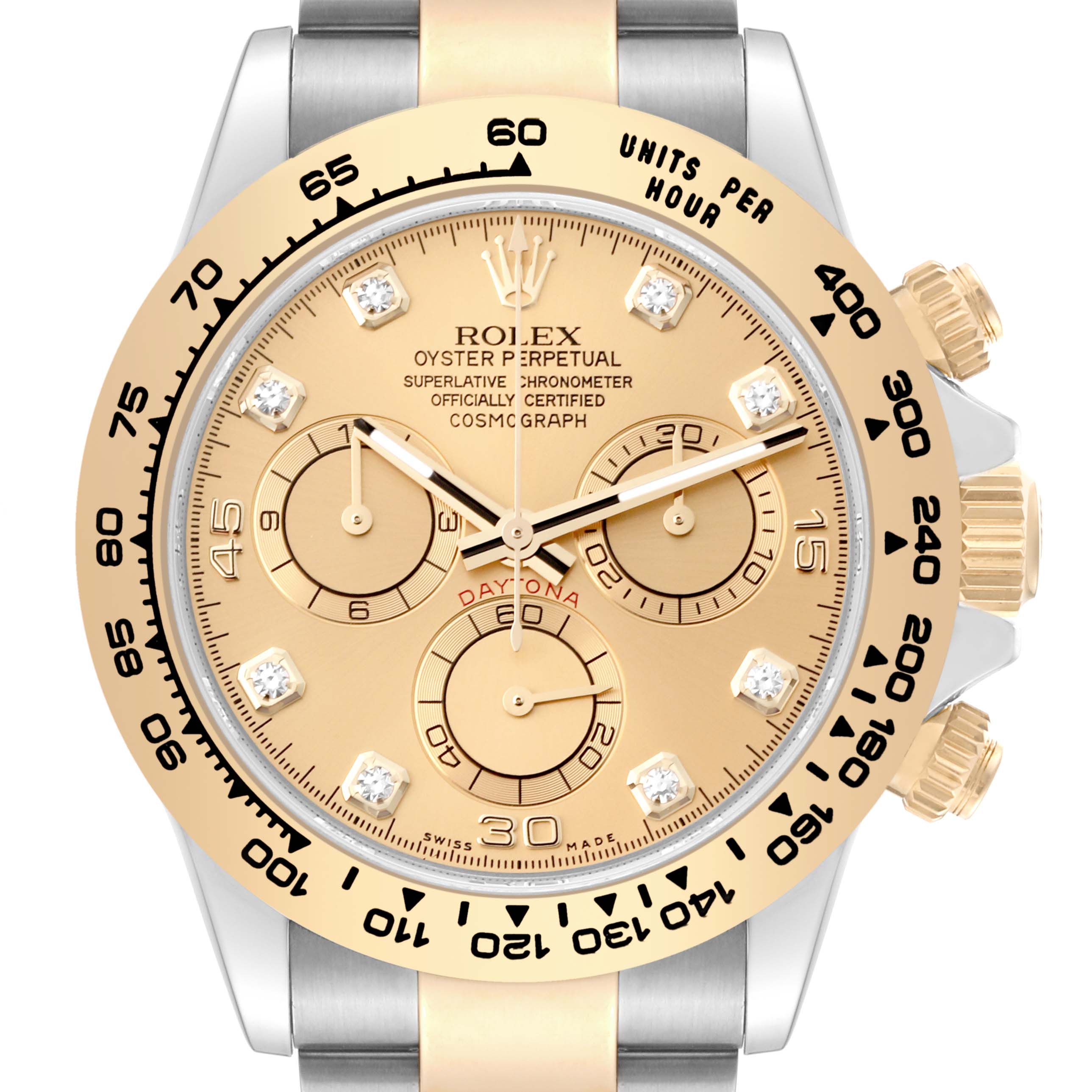 The image shows a close-up of the dial and bezel of the Rolex Daytona 116503 Men's Steel and Gold (two tone) Champagne Dial 116503 Men's Steel and Gold (two tone) Champagne Dial watch with its markers and subdials.