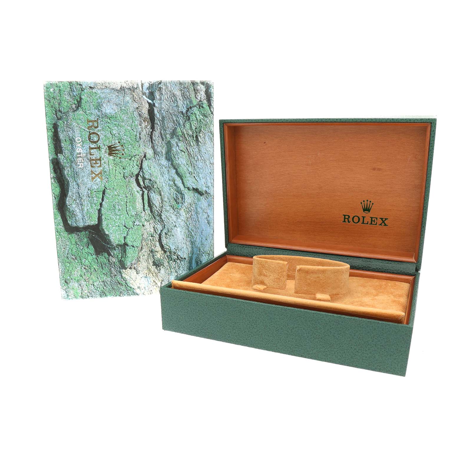 The image shows an open Rolex Explorer 114270 Men's Stainless Steel Black Dial watch box with an outer case displaying a textured pattern.