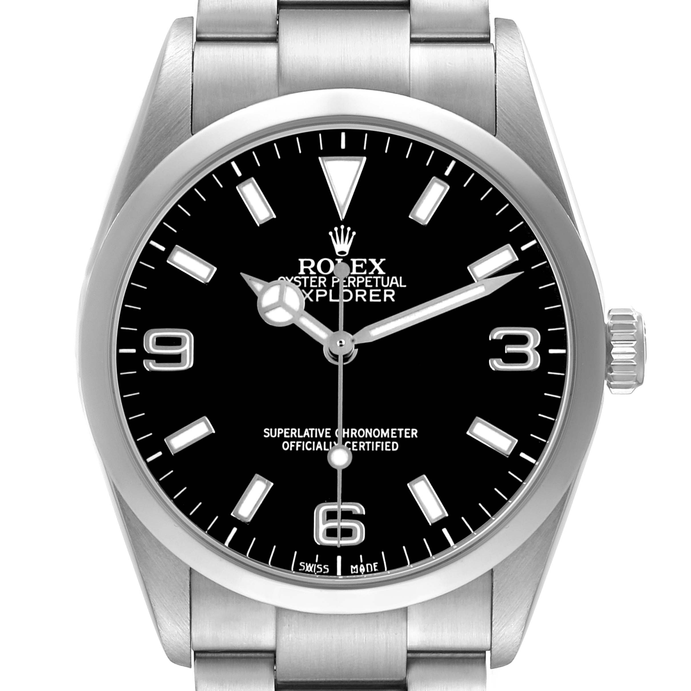 The Rolex Explorer 114270 Men's Stainless Steel Black Dial watch is shown head-on, displaying the dial, hands, and partial bracelet.