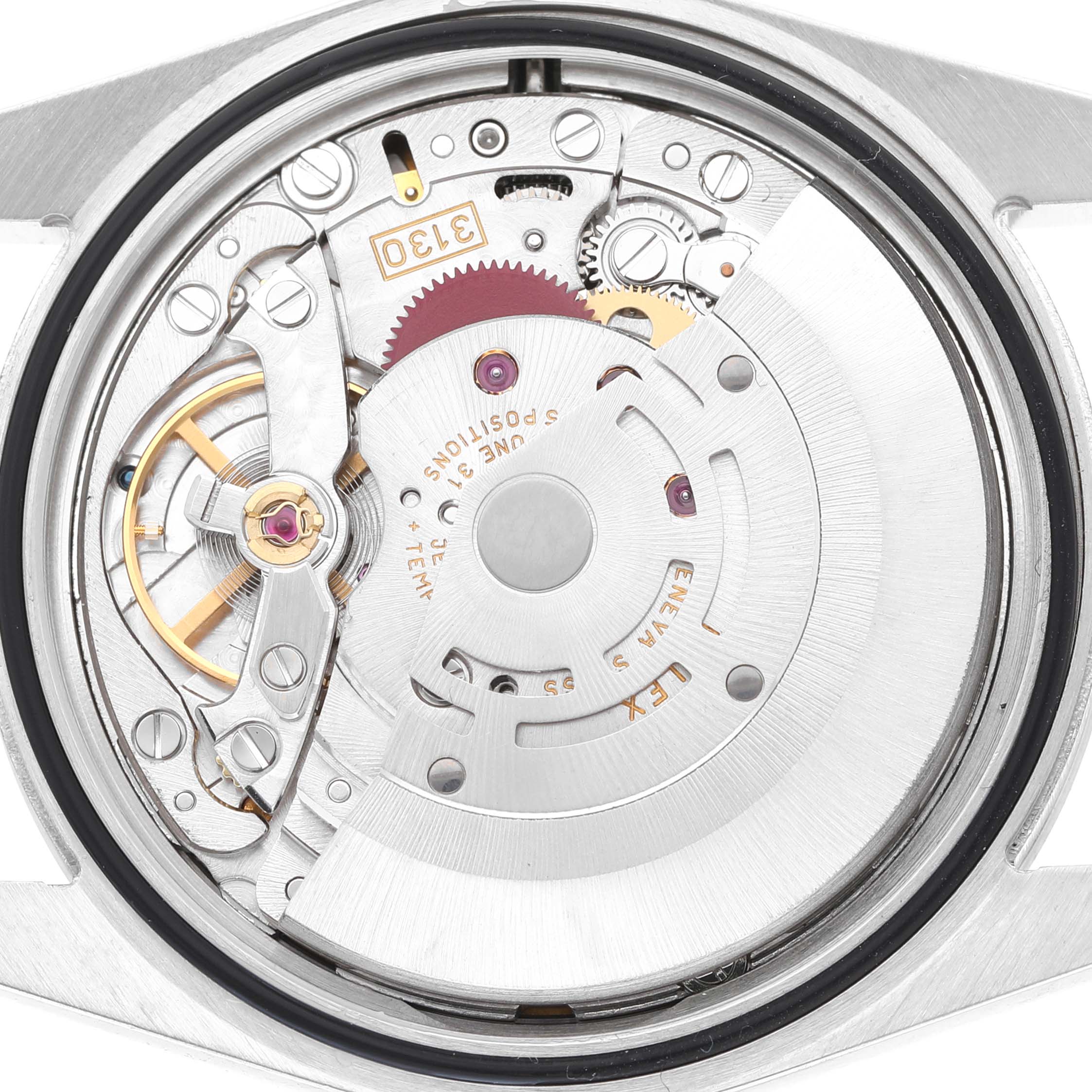 The image shows the movement of a Rolex Explorer 114270 Men's Stainless Steel Black Dial watch from a back view, highlighting the intricate internal components.