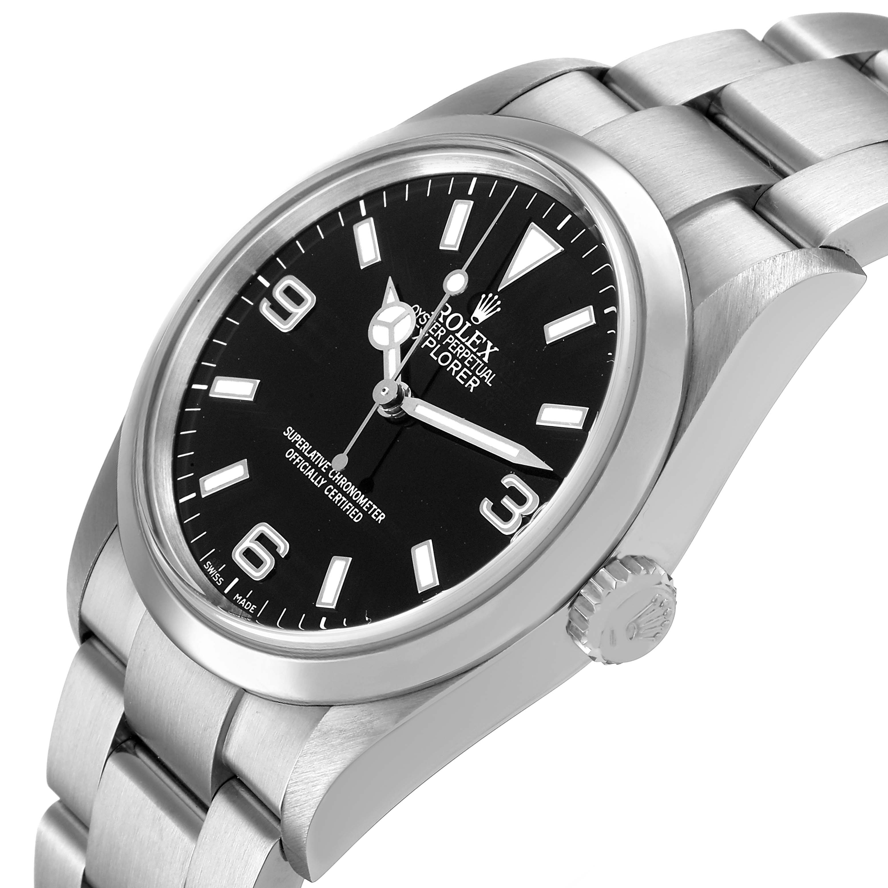 The Rolex Explorer 114270 Men's Stainless Steel Black Dial watch is shown at an angle highlighting the face, bezel, crown, and part of the bracelet.