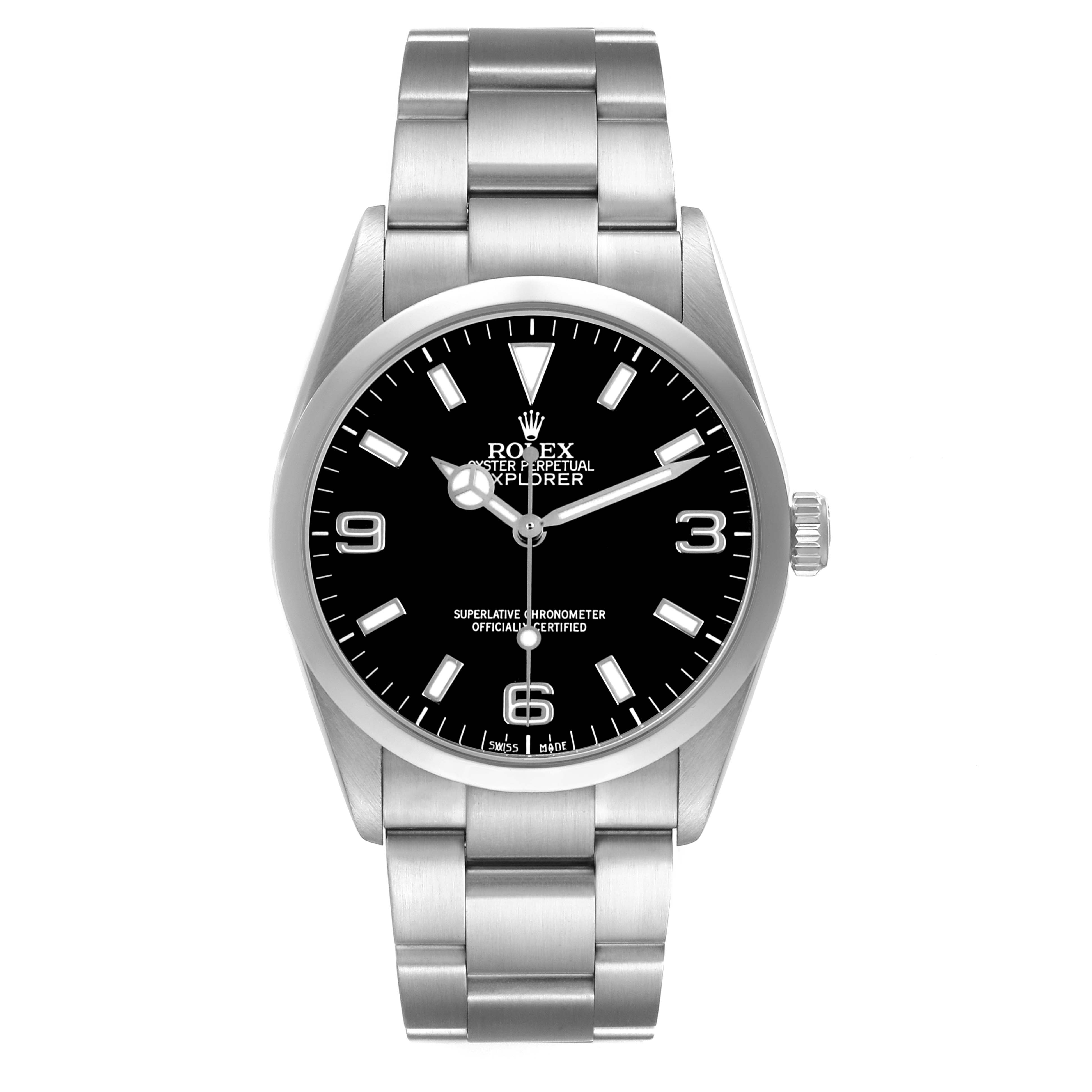 The Rolex Explorer 114270 Men's Stainless Steel Black Dial watch is shown from a front angle, displaying the full face, bracelet, and side crown.