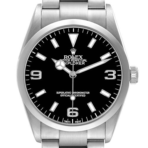 The Rolex Explorer 114270 Men's Stainless Steel Black Dial watch is shown from the front, displaying the black dial, silver hands, and bracelet.