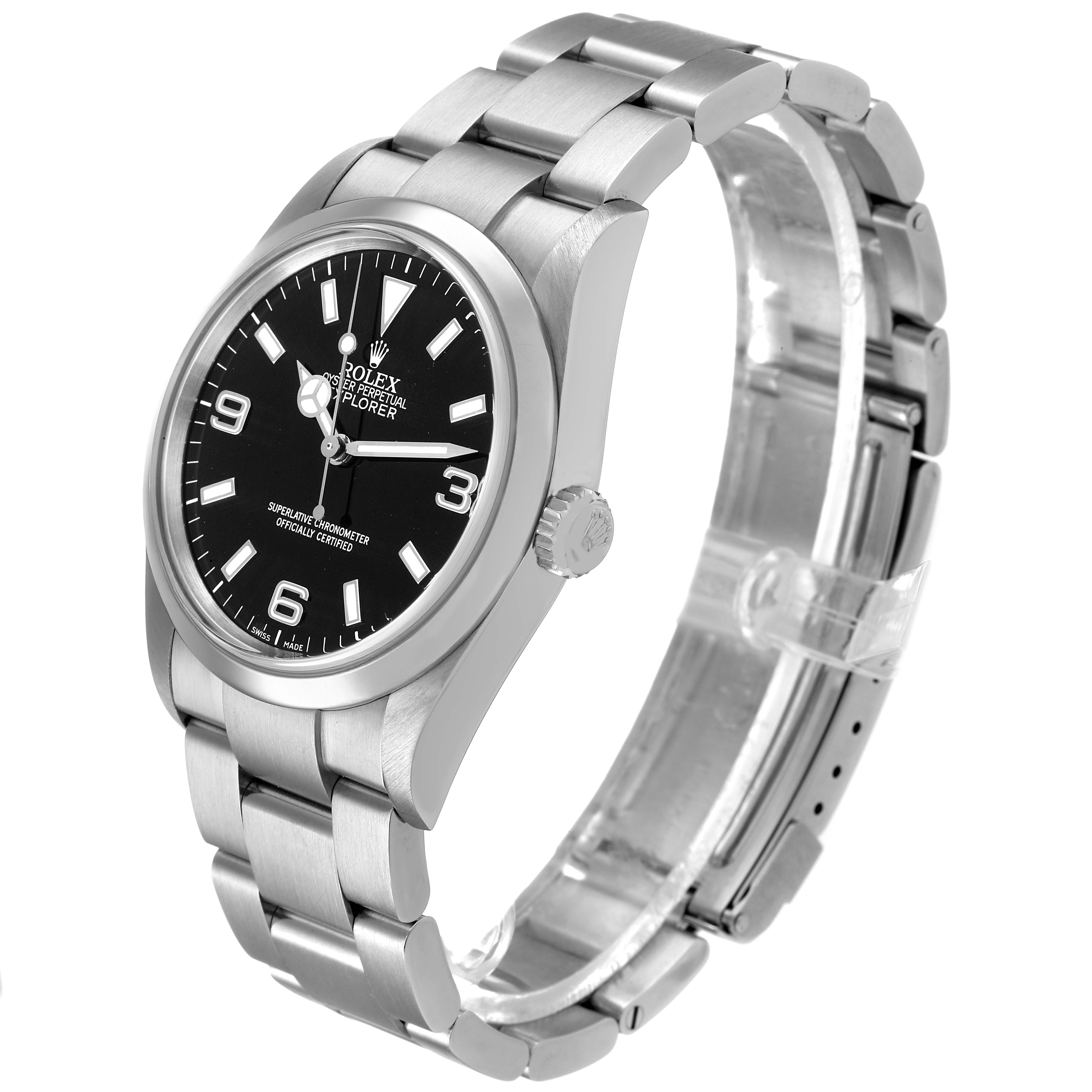 The Rolex Explorer 114270 Men's Stainless Steel Black Dial watch is shown at a three-quarter angle, highlighting the dial, bracelet, and crown.