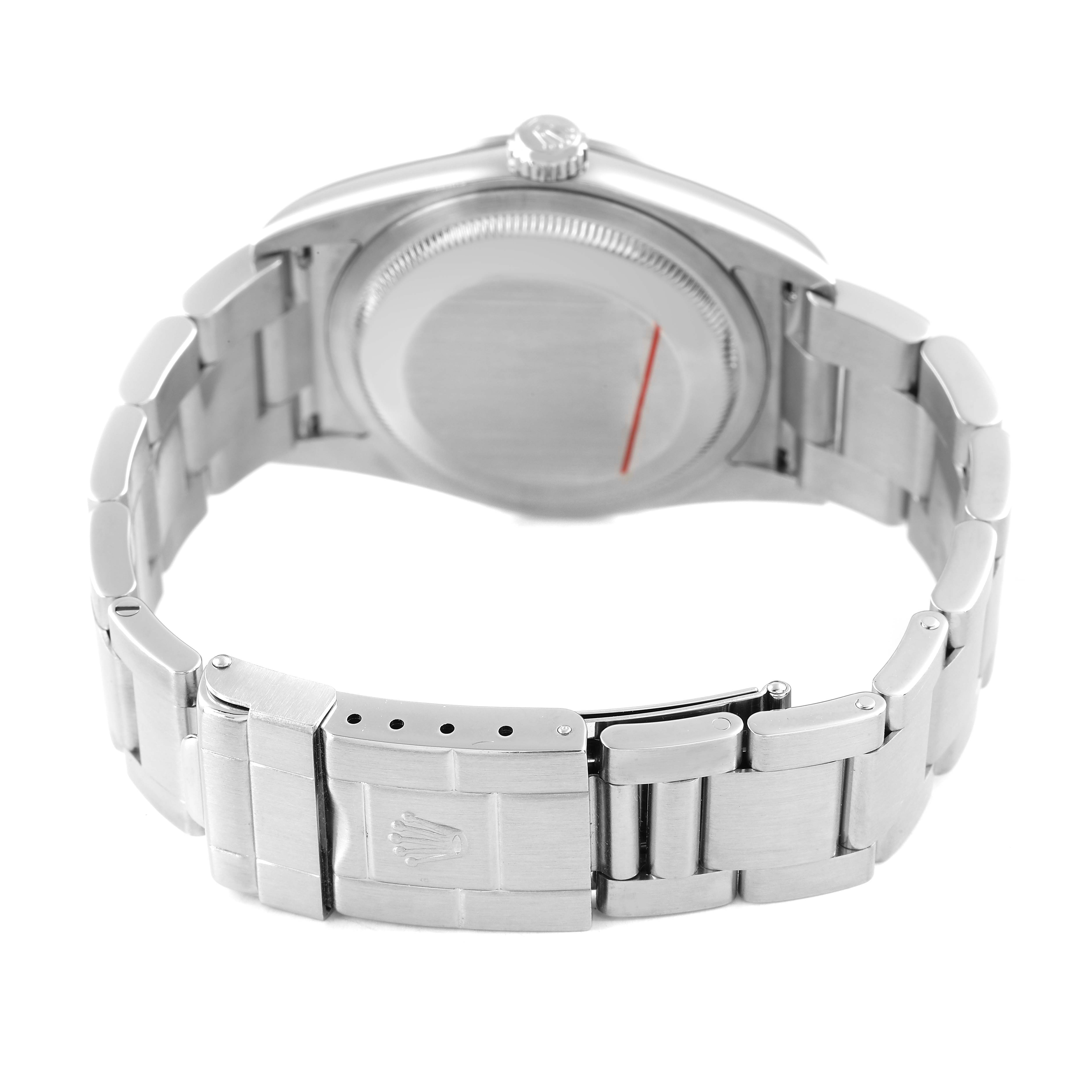 The image shows the back of a Rolex Explorer 114270 Men's Stainless Steel Black Dial watch, highlighting its case back and bracelet with the clasp open.