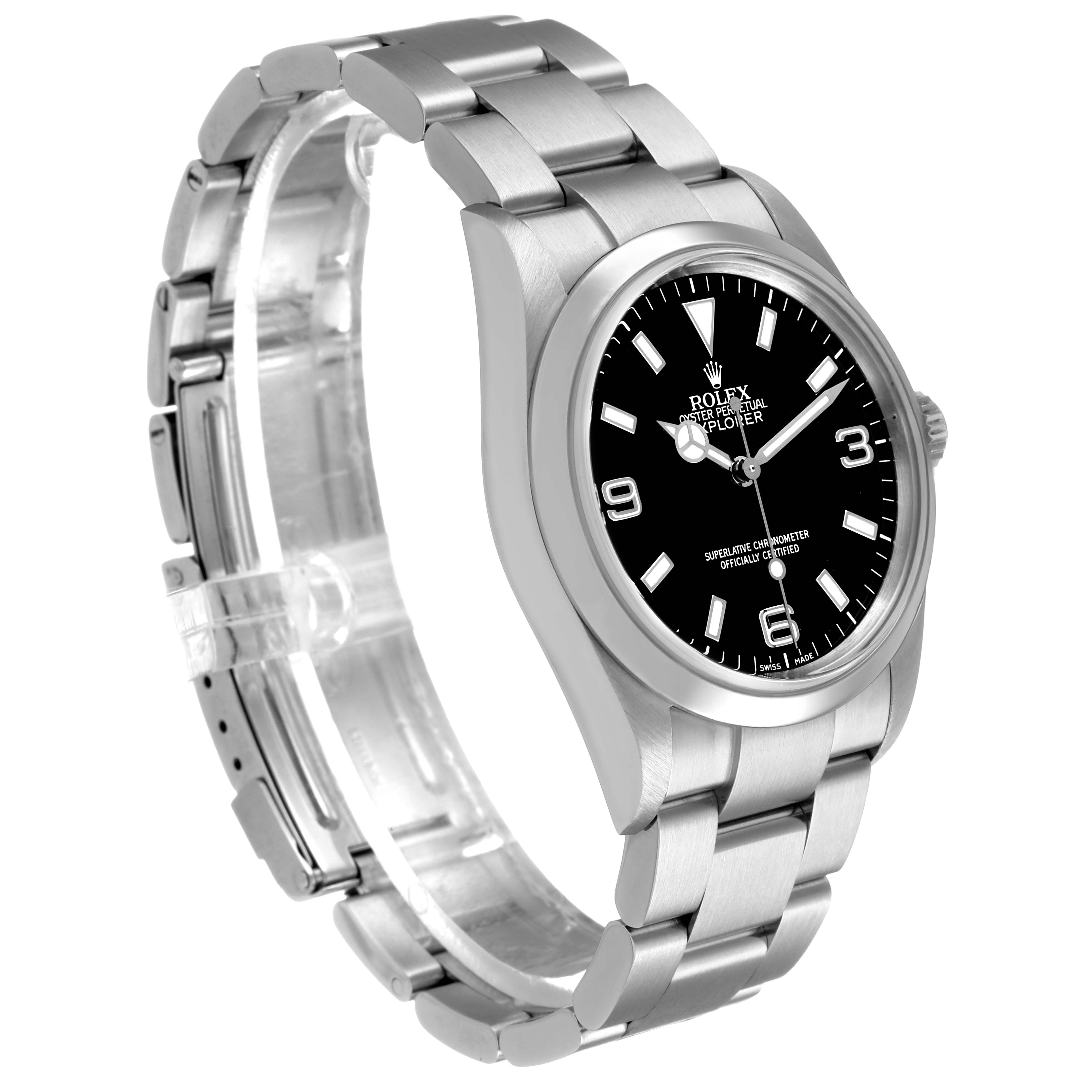 The Rolex Explorer 114270 Men's Stainless Steel Black Dial watch is shown at an angle highlighting its dial, bezel, and part of the bracelet.