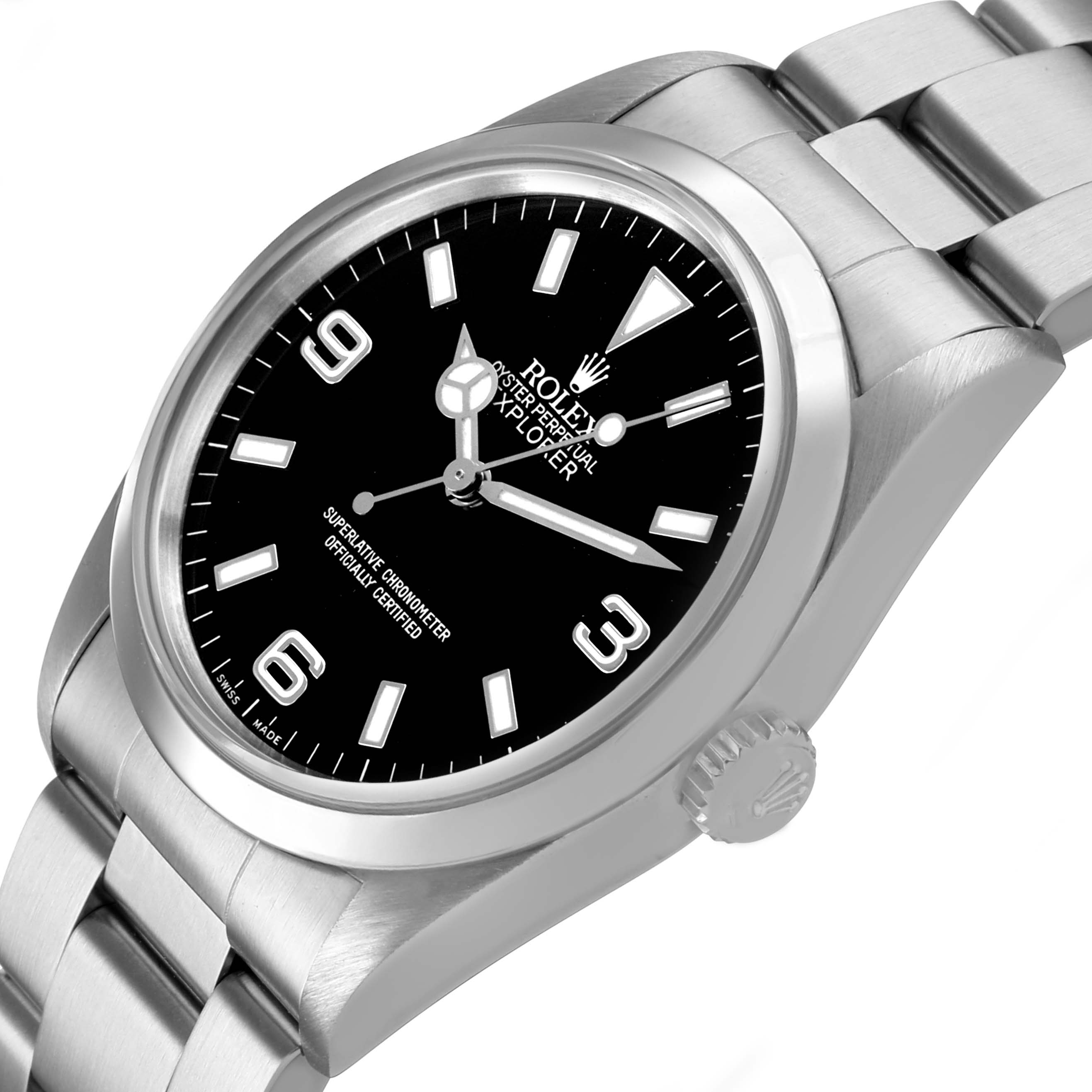 The Rolex Explorer 14270 Men's Stainless Steel Black Dial watch is shown at an angled view, highlighting the black dial, crown, and stainless steel bracelet.
