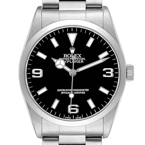 The Rolex Explorer 14270 Men's Stainless Steel Black Dial watch is shown in a straight-on angle, displaying the face, crown, and bracelet.