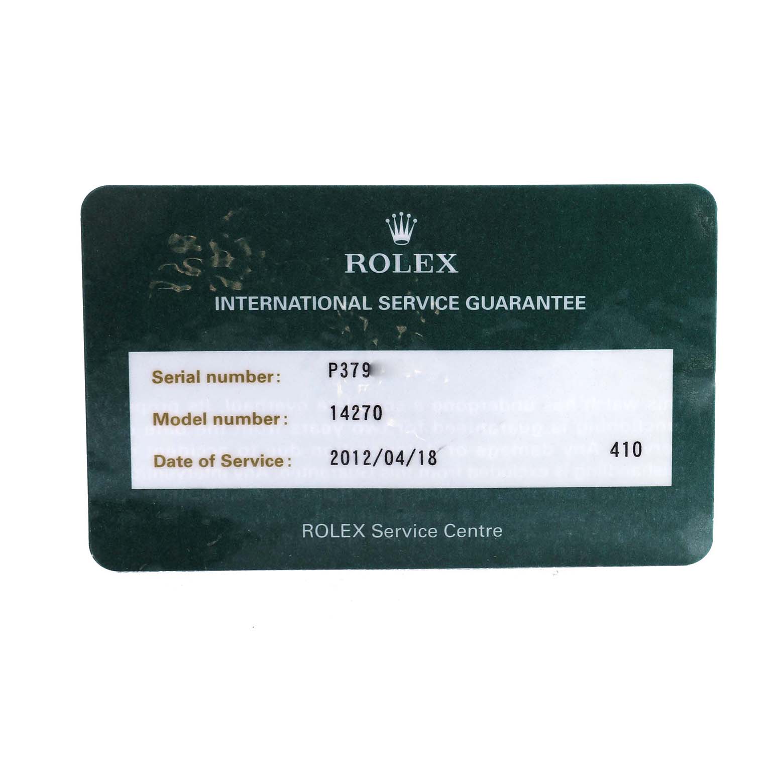 The image shows an International Service Guarantee card for a Rolex Explorer 14270 Men's Stainless Steel Black Dial, model number 14270, with service details.