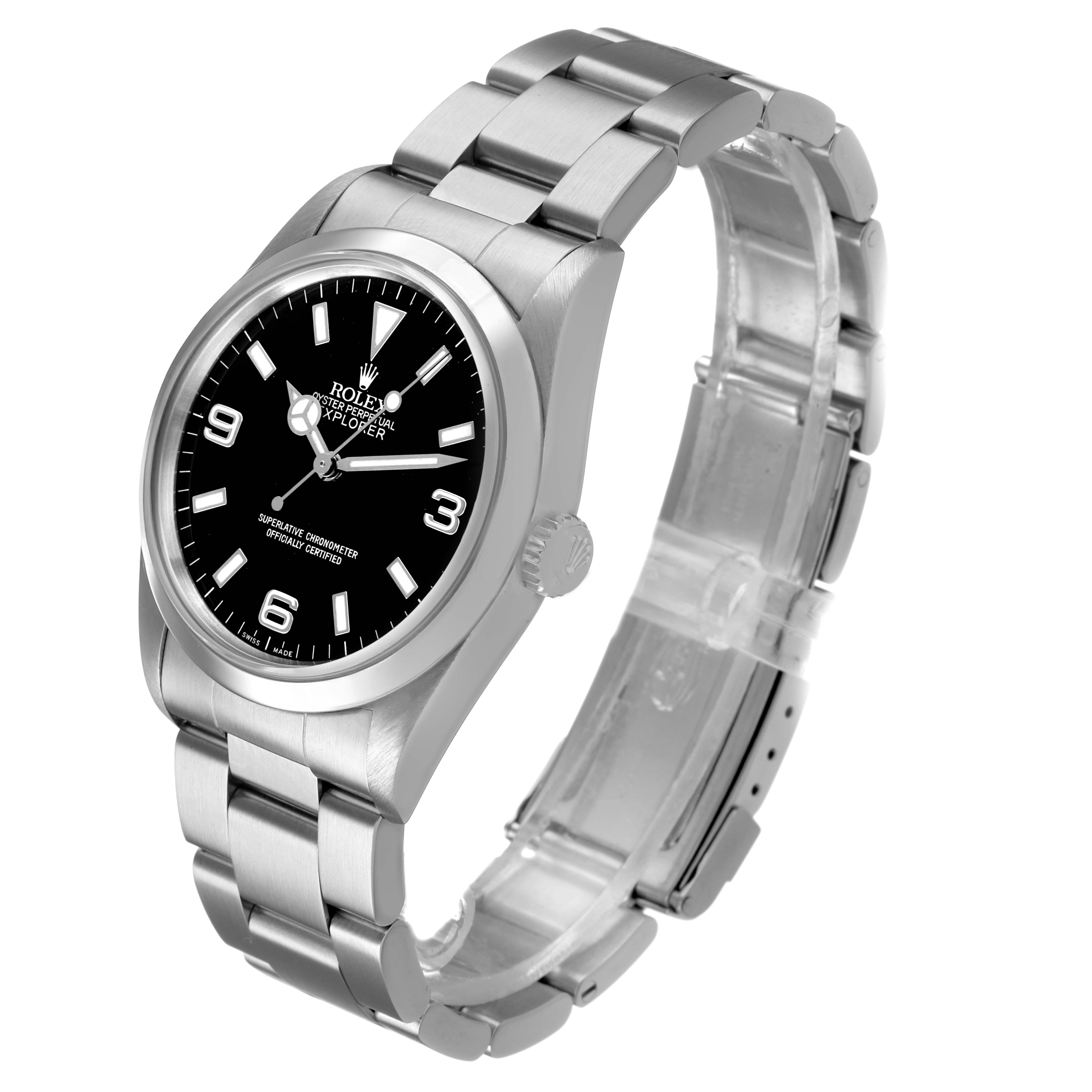 The Rolex Explorer 14270 Men's Stainless Steel Black Dial is shown at a three-quarter angle, highlighting the dial, crown, and bracelet.