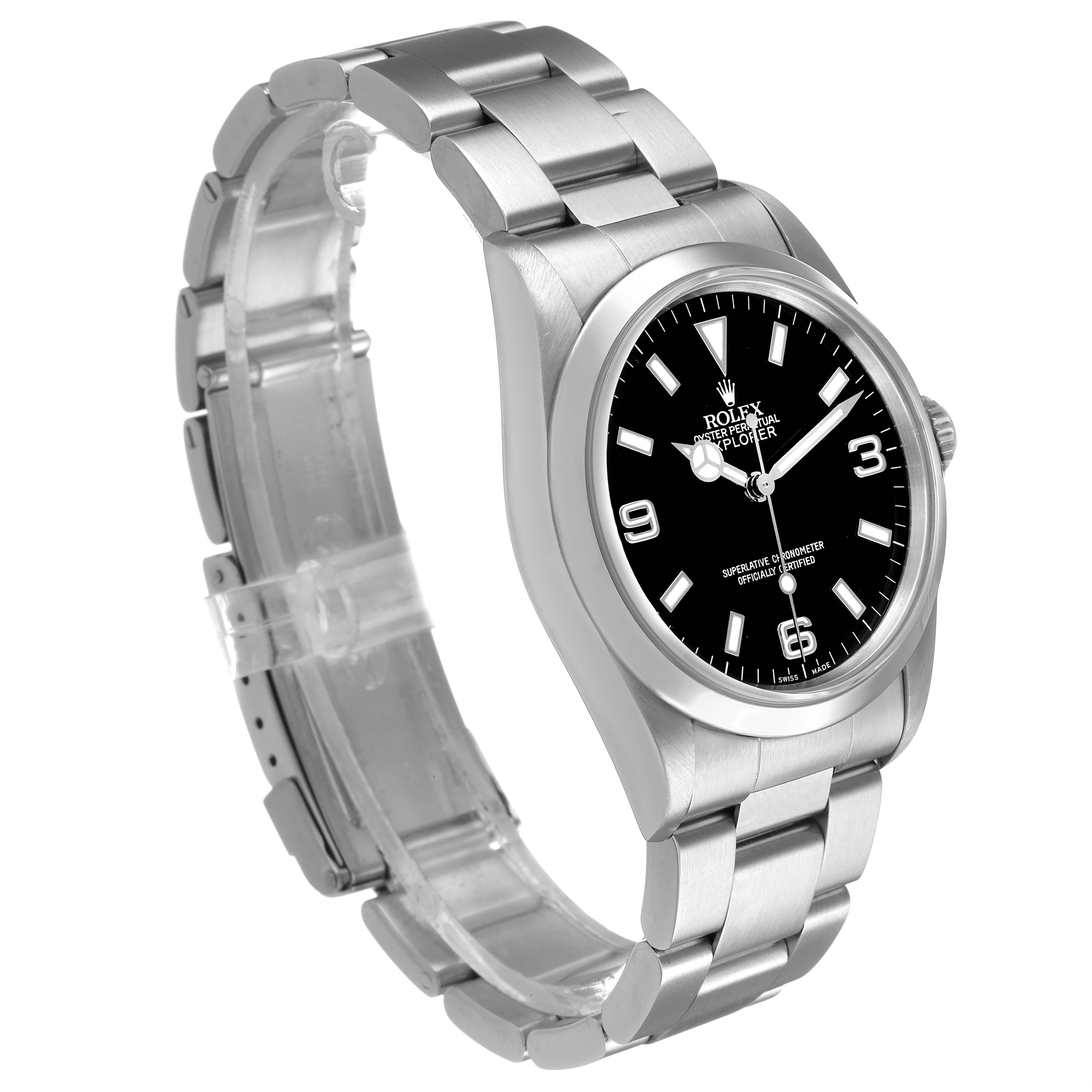 The Rolex Explorer 14270 Men's Stainless Steel Black Dial watch is shown at a three-quarter angle, highlighting the dial, bezel, case, and bracelet.