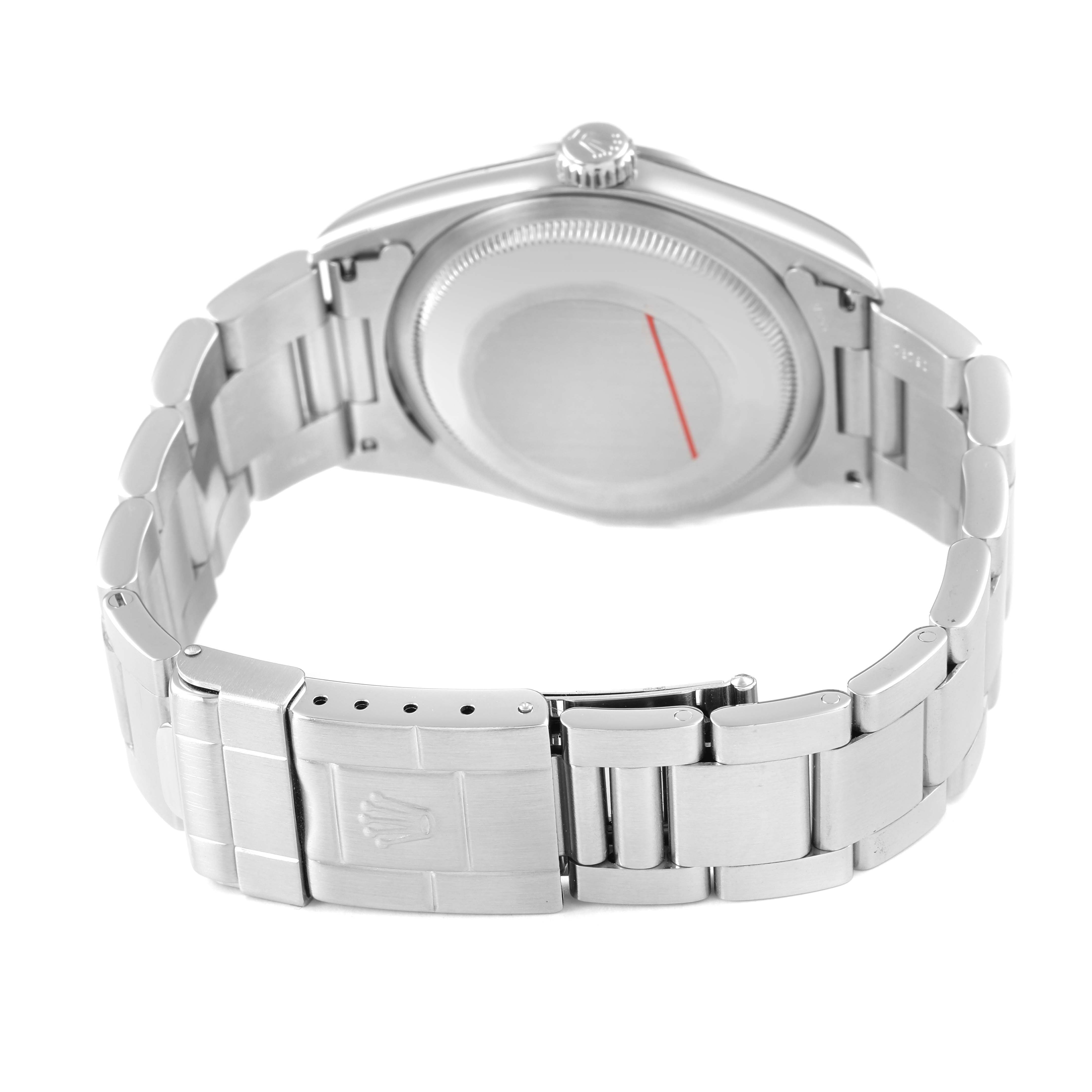 The image shows the back and clasp of a Rolex Explorer 14270 Men's Stainless Steel Black Dial watch from a rear angle.