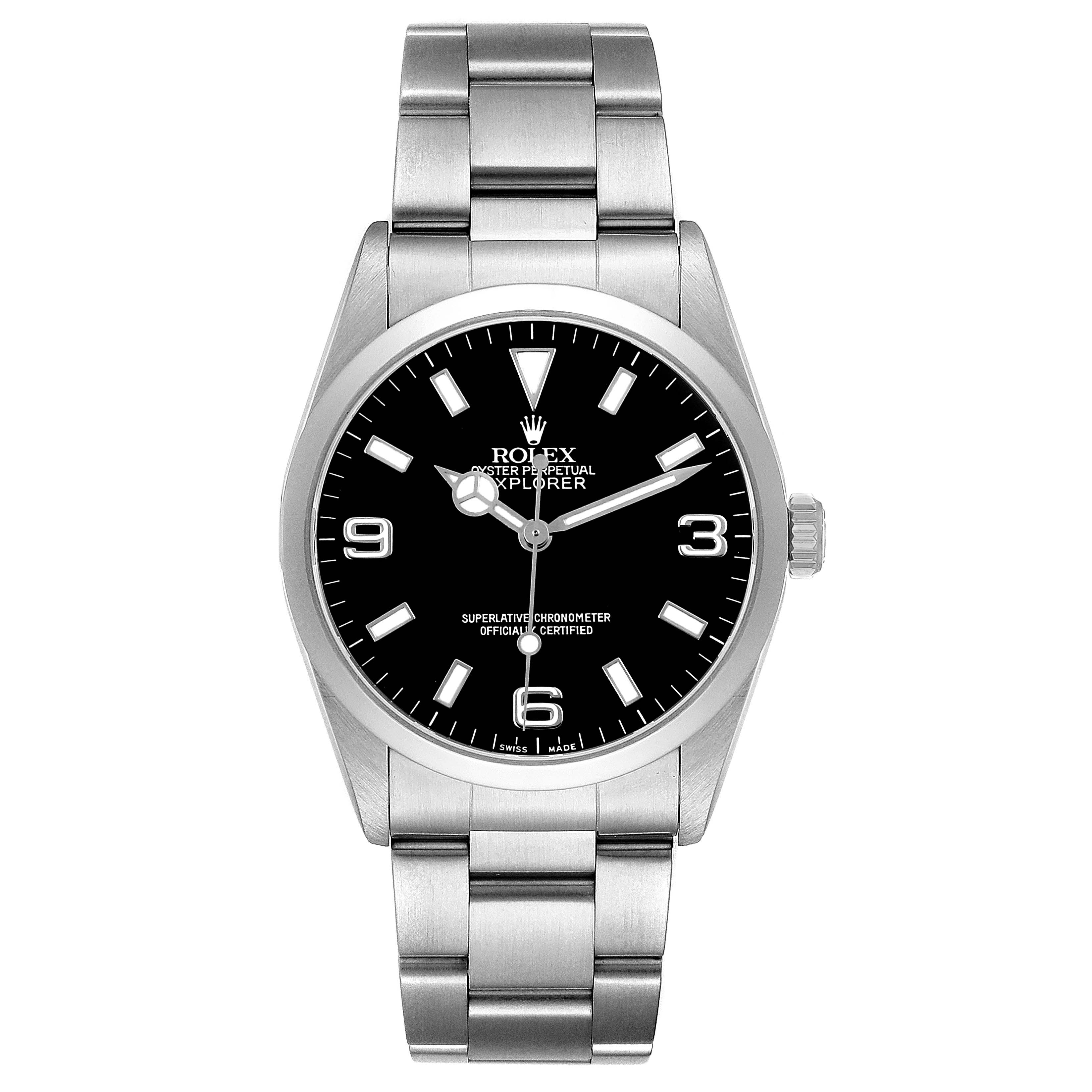 The Rolex Explorer 14270 Men's Stainless Steel Black Dial watch is shown from a front view, highlighting the dial, bezel, and bracelet.