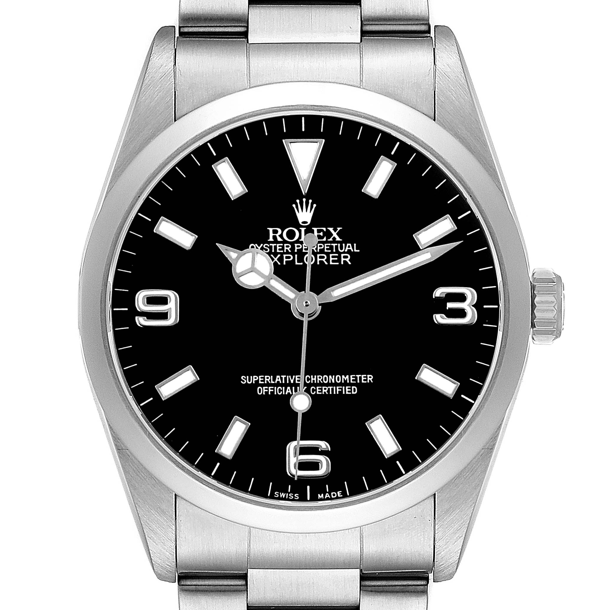 The Rolex Explorer 14270 Men's Stainless Steel Black Dial watch is shown from the front, displaying the dial, hands, crown, and part of the bracelet.