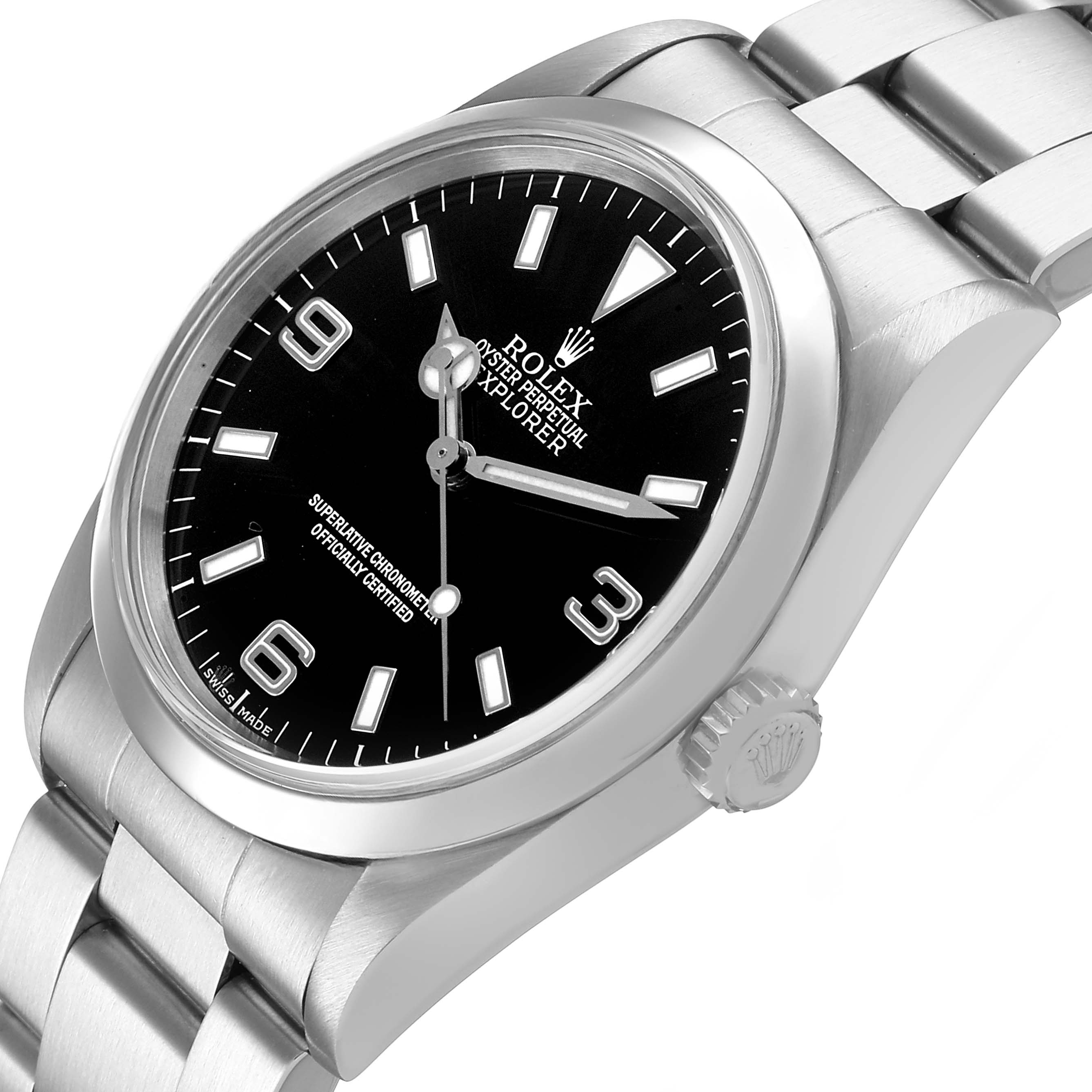 The Rolex Explorer 14270 Men's Stainless Steel Black Dial watch is shown from a three-quarter angle, highlighting the dial, bezel, and part of the bracelet.