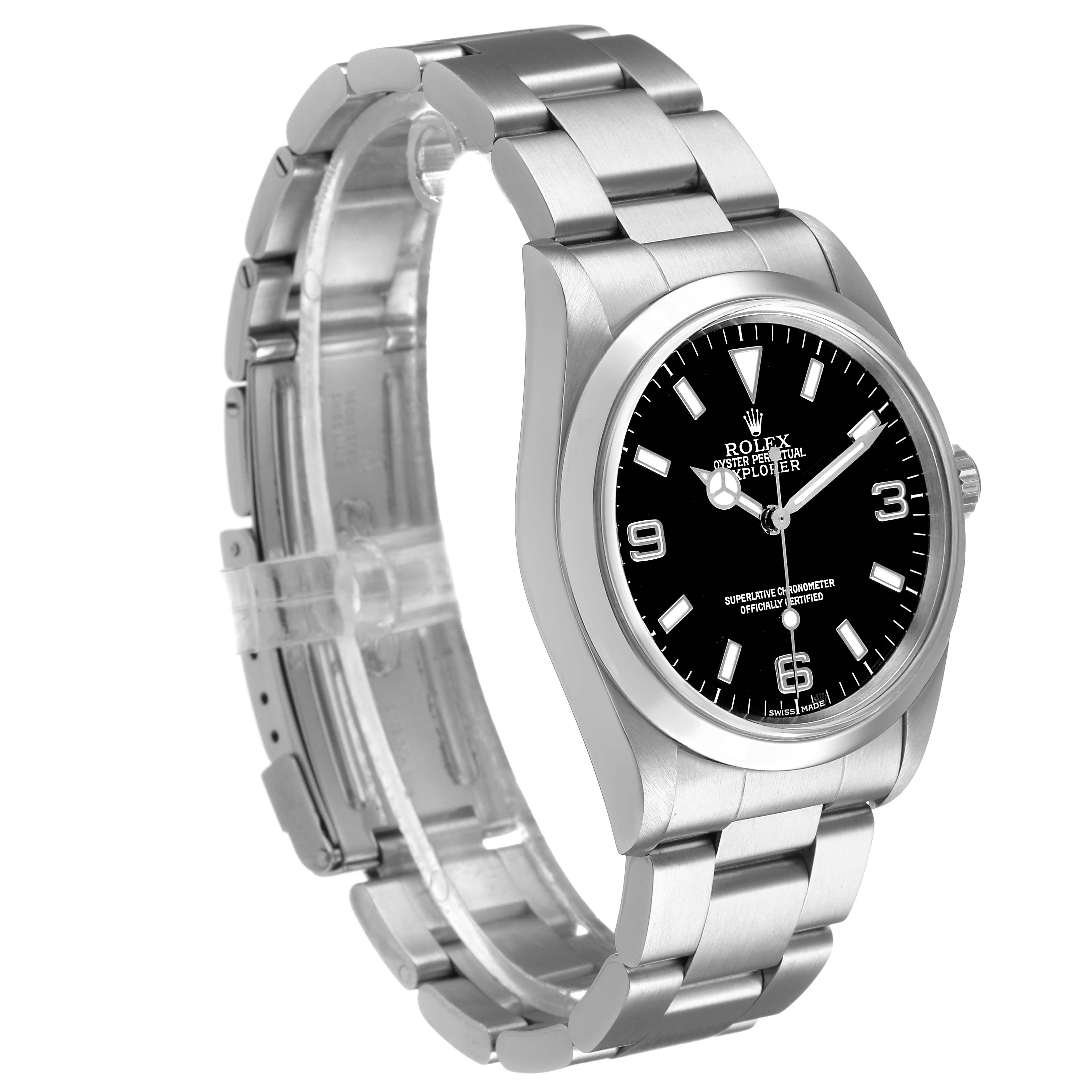 The Rolex Explorer 14270 Men's Stainless Steel Black Dial watch is shown at a three-quarter angle, highlighting the face, bezel, crown, and bracelet.