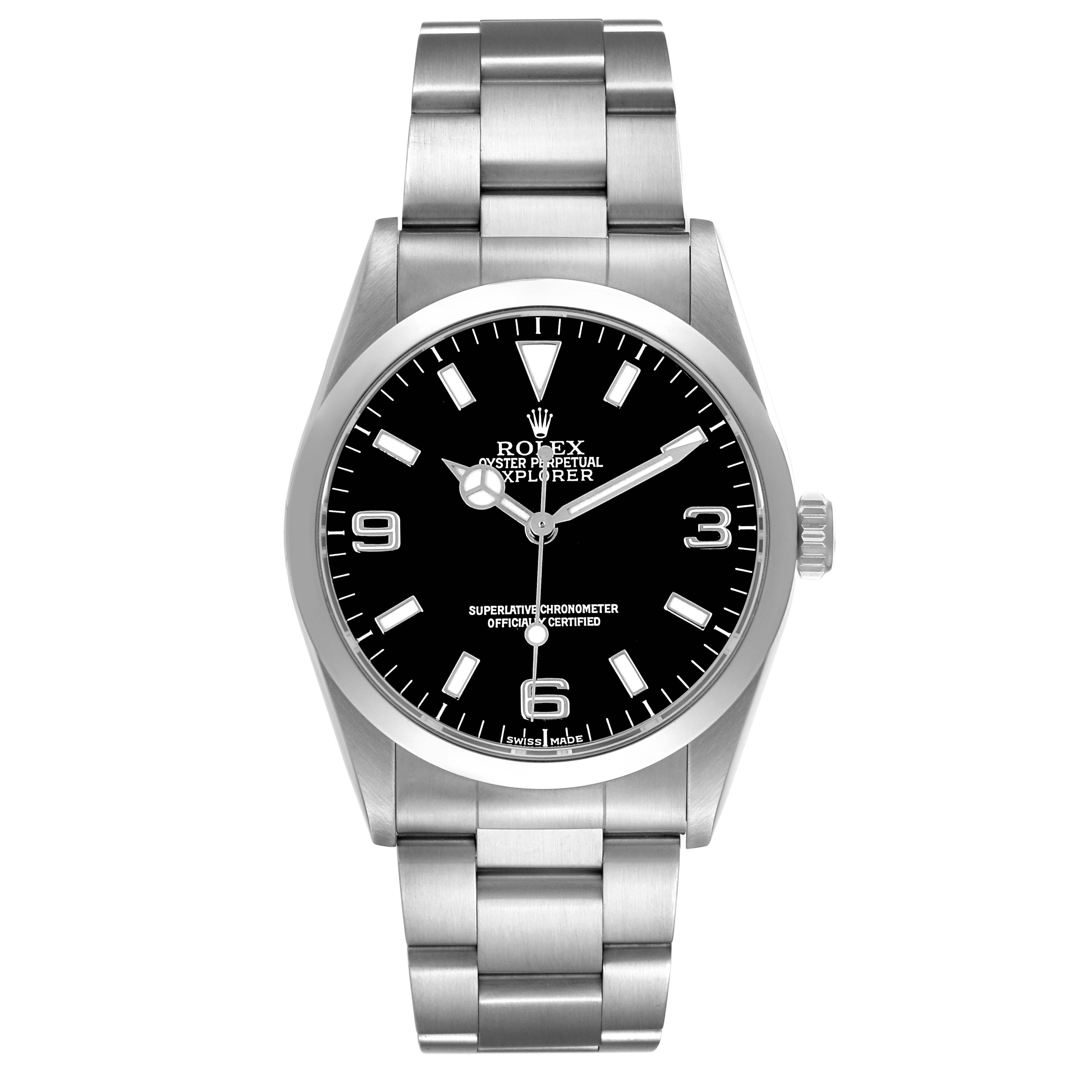 The image shows a Rolex Explorer 14270 Men's Stainless Steel Black Dial watch from a front view, displaying the face, case, crown, and bracelet.