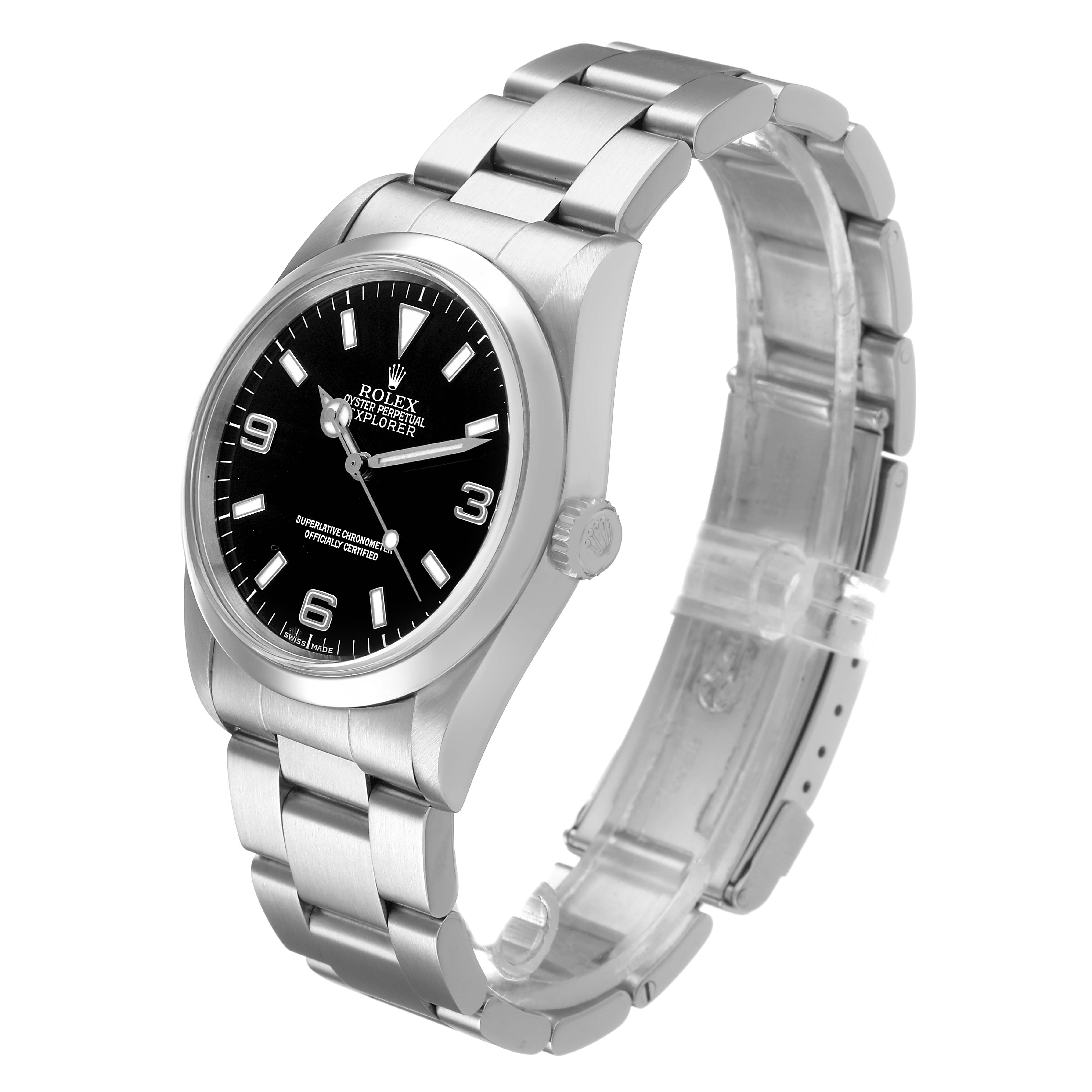 The Rolex Explorer 14270 Men's Stainless Steel Black Dial watch is shown at an angle highlighting the black dial, indices, crown, and stainless steel bracelet.