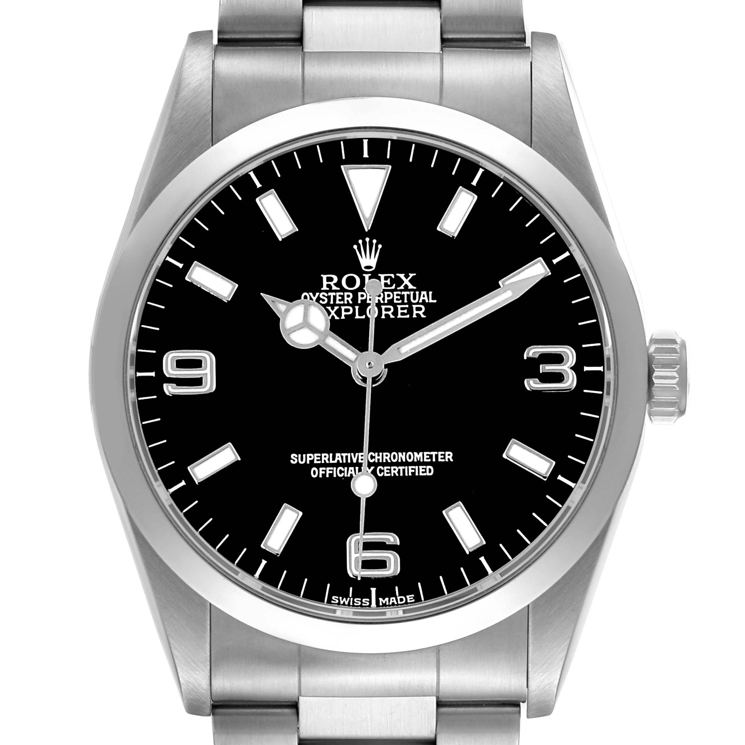The image shows a front view of the Rolex Explorer 14270 Men's Stainless Steel Black Dial watch, highlighting the dial, hands, crown, and bracelet.