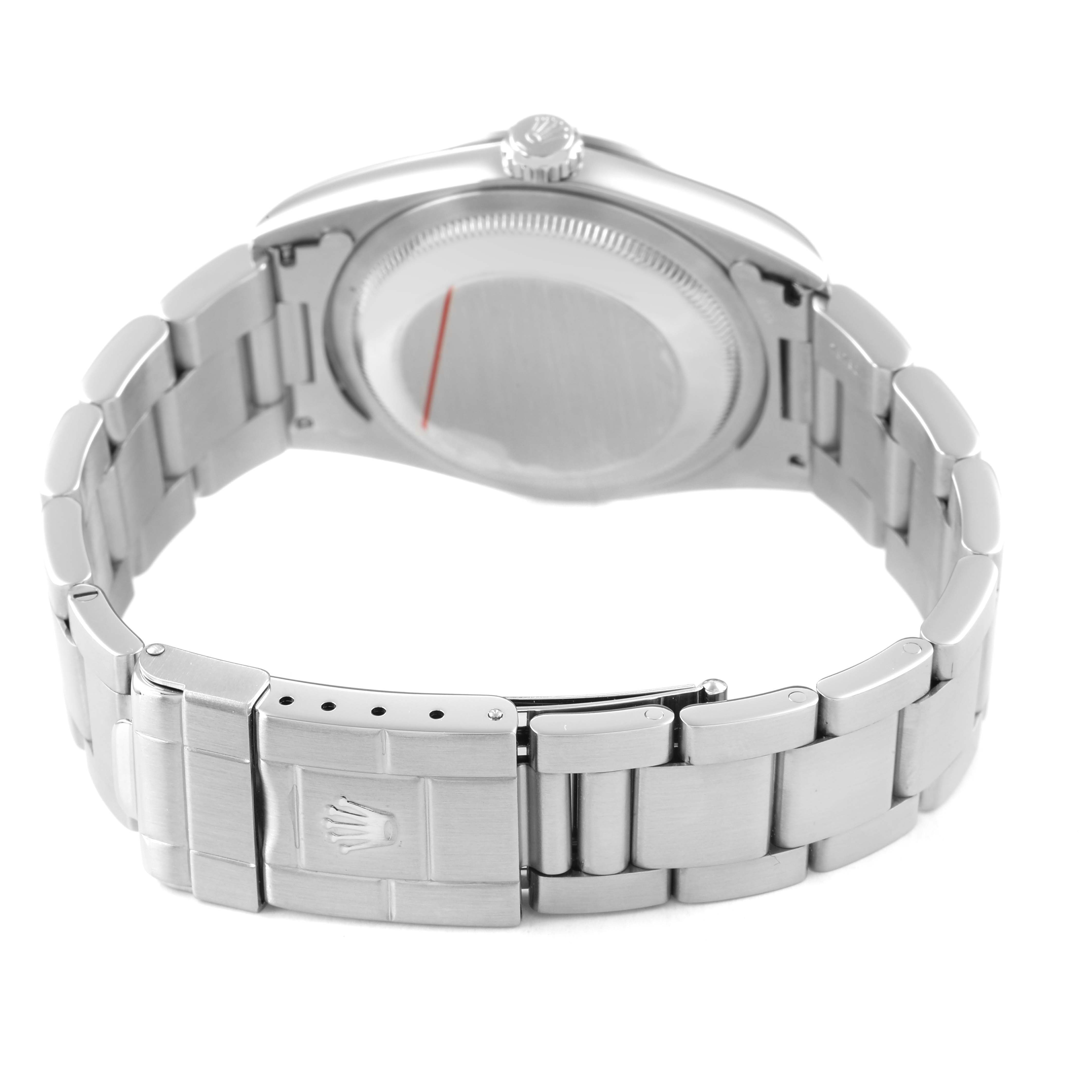 The image shows the back and bracelet of a Rolex Explorer 14270 Men's Stainless Steel Black Dial, featuring the clasp and case back.