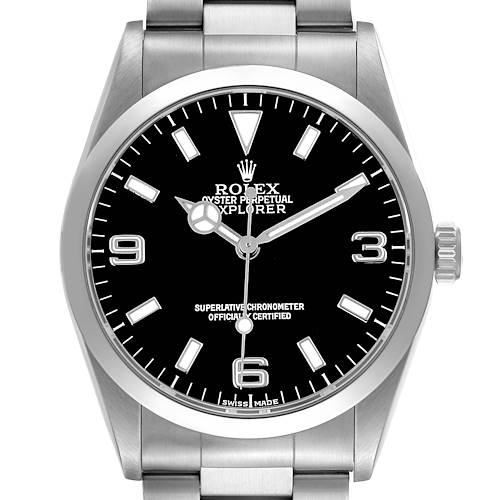 The Rolex Explorer 14270 Men's Stainless Steel Black Dial watch is shown from a front angle, highlighting its dial, bezel, and part of the bracelet.
