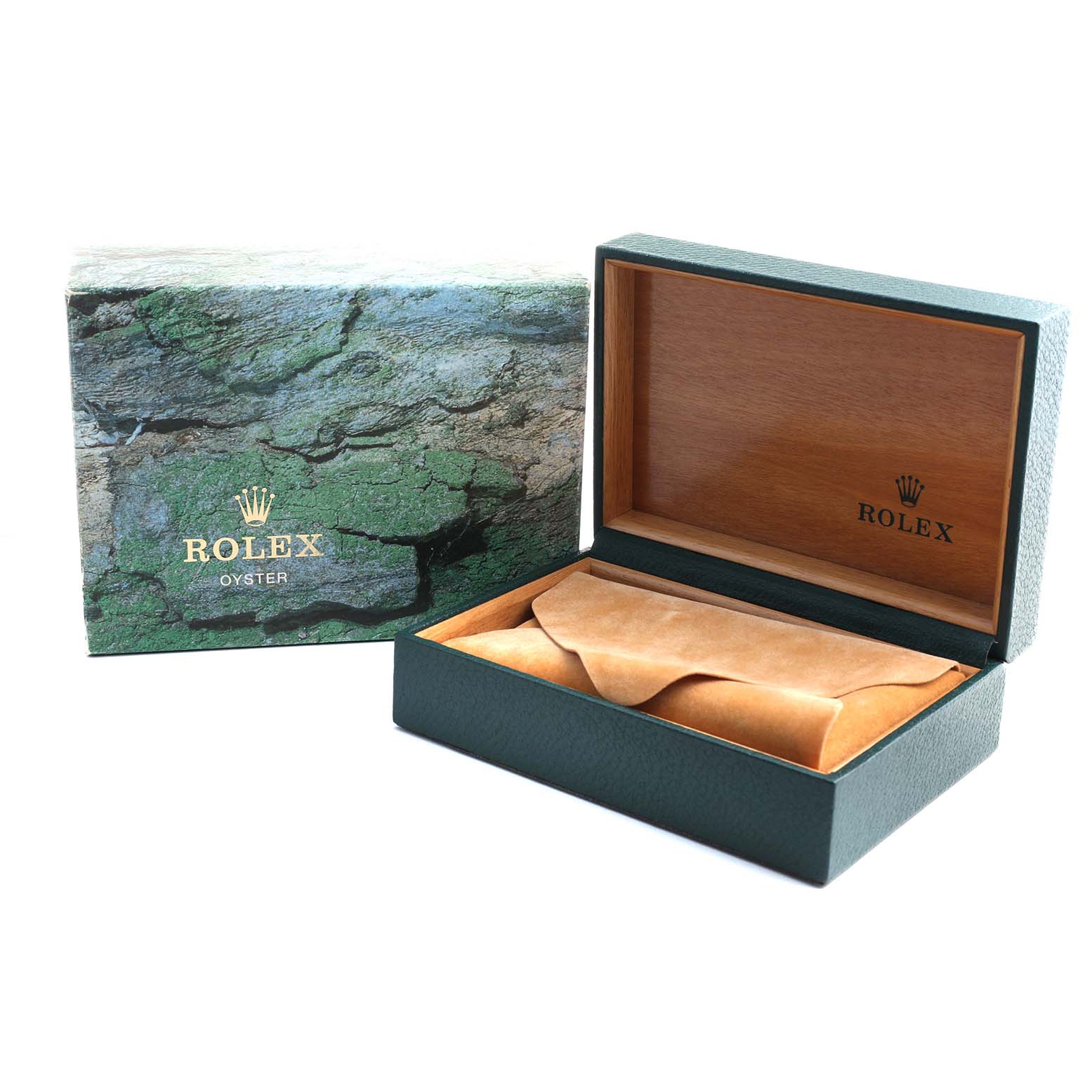 The image shows a Rolex Explorer 14270 Men's Stainless Steel Black Dial watch box, open to display its interior and a leather pouch inside.