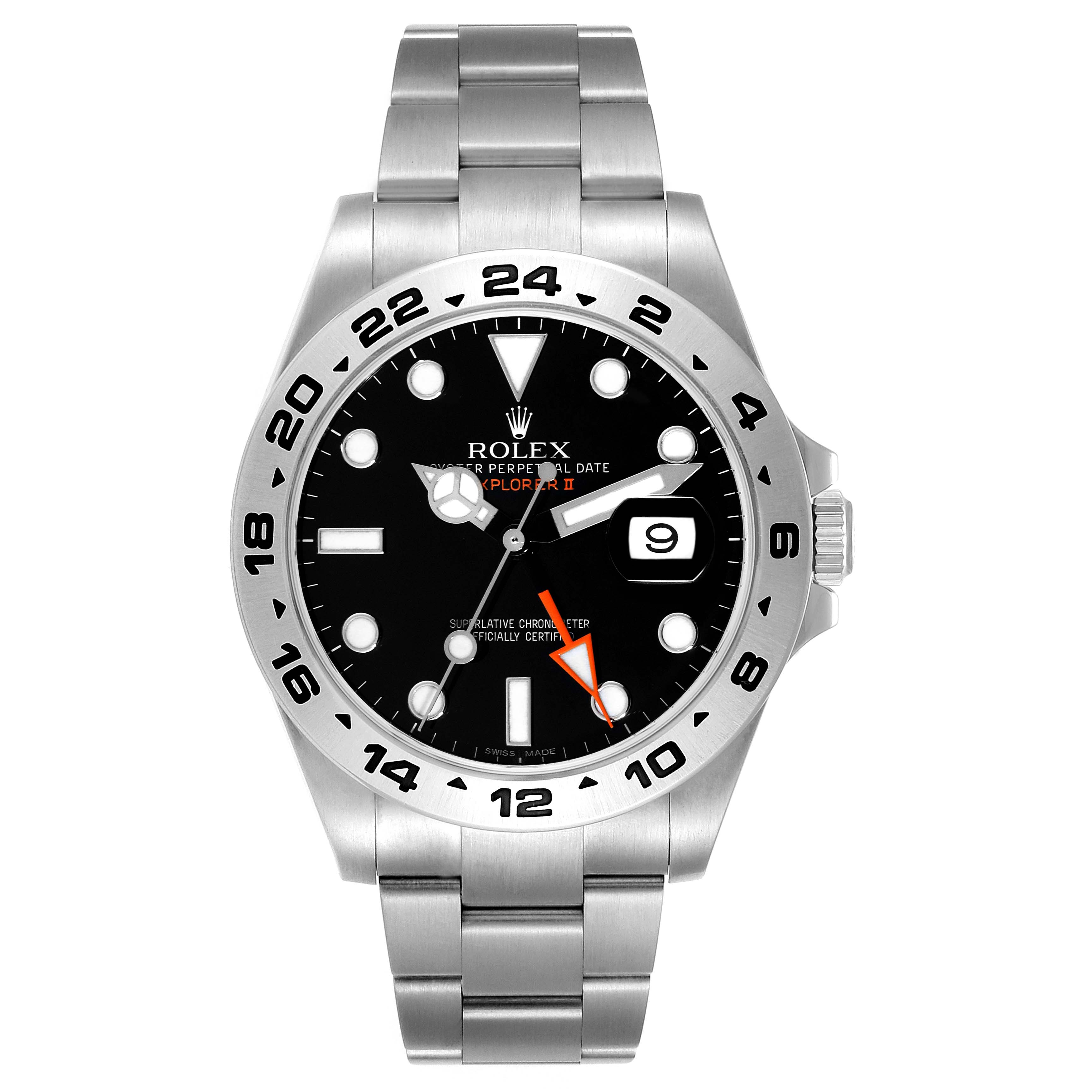 The image shows a front view of the Rolex Explorer 216570 Men
s Stainless Steel Black Dial 216570 Men
s Stainless Steel Black Dial watch, highlighting its dial, bezel, and bracelet.