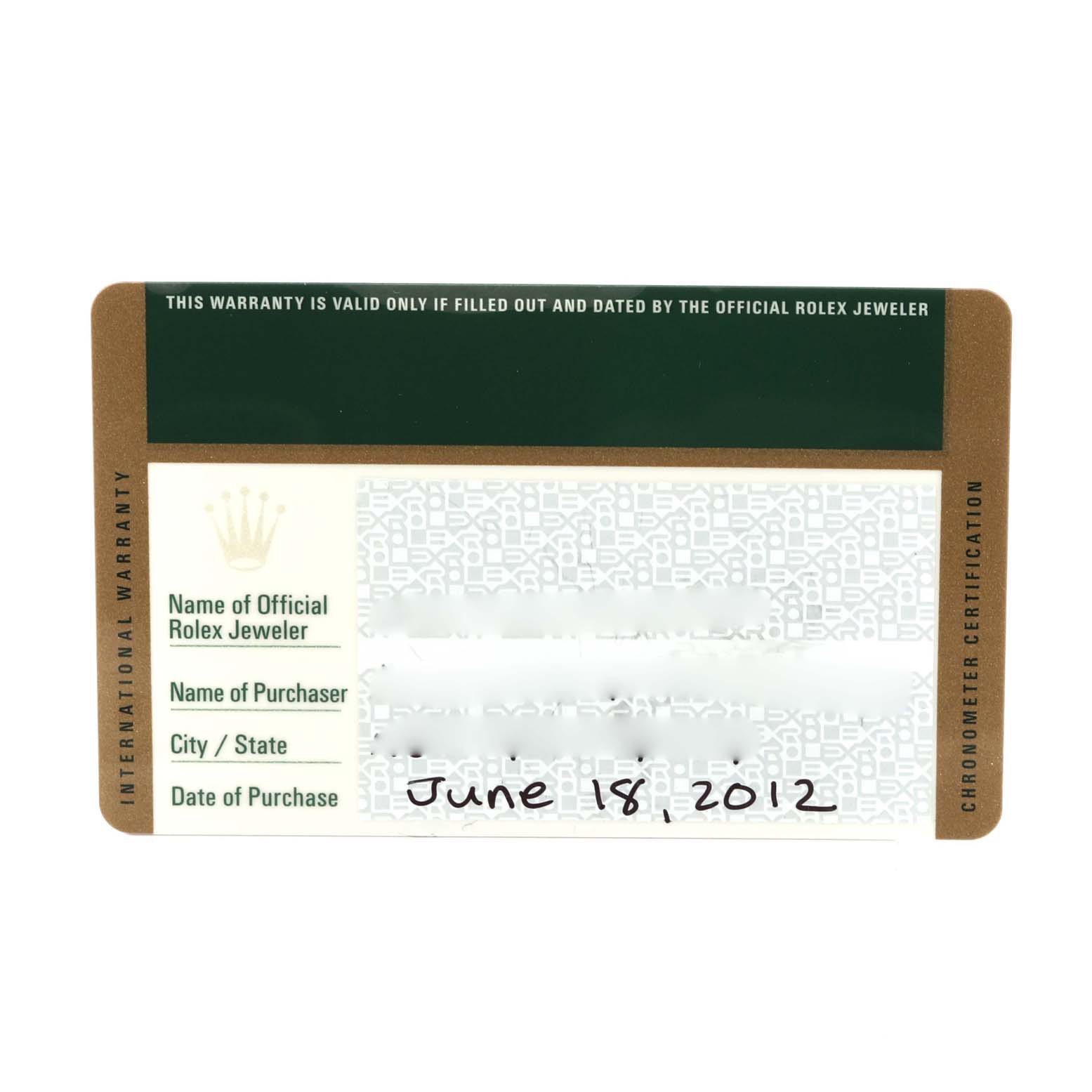 The image shows a warranty card for the Rolex Explorer 216570 Men
s Stainless Steel Black Dial 216570 Men
s Stainless Steel Black Dial model, detailing the purchase and warranty information.