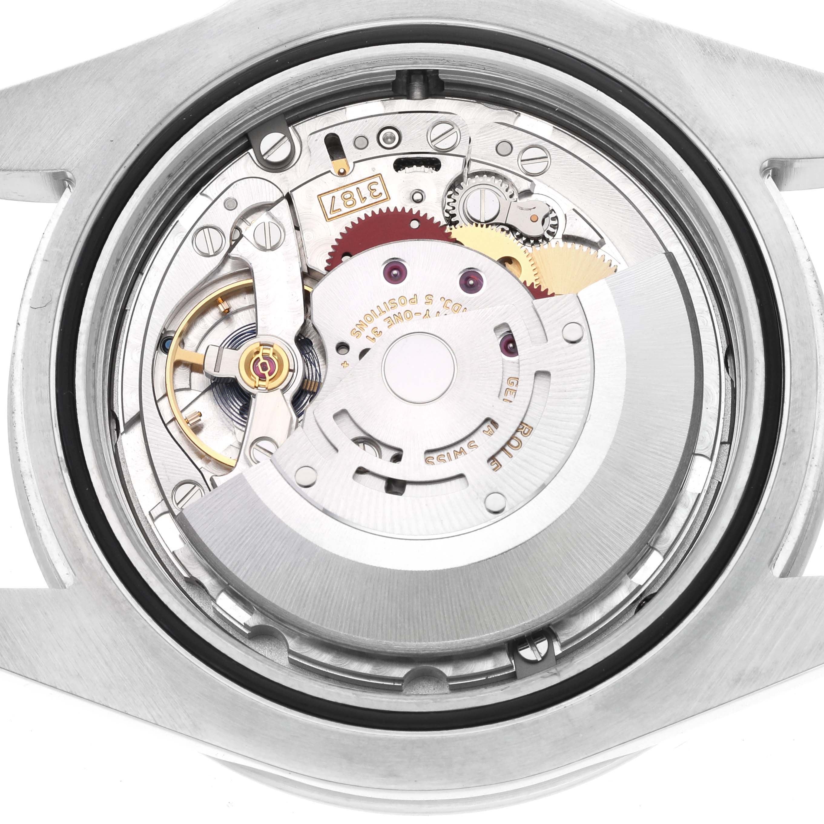 This image shows the internal mechanical movement of a Rolex Explorer 216570 Men
s Stainless Steel Black Dial 216570 Men
s Stainless Steel Black Dial watch from the rear angle.