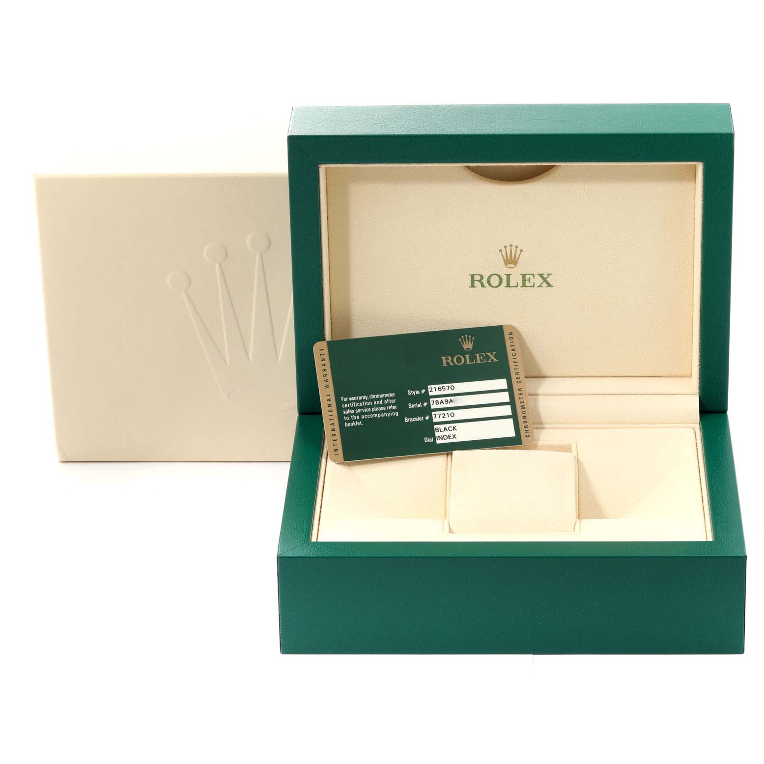 The image shows an open Rolex watch box for the Explorer model, including the warranty card inside the box.