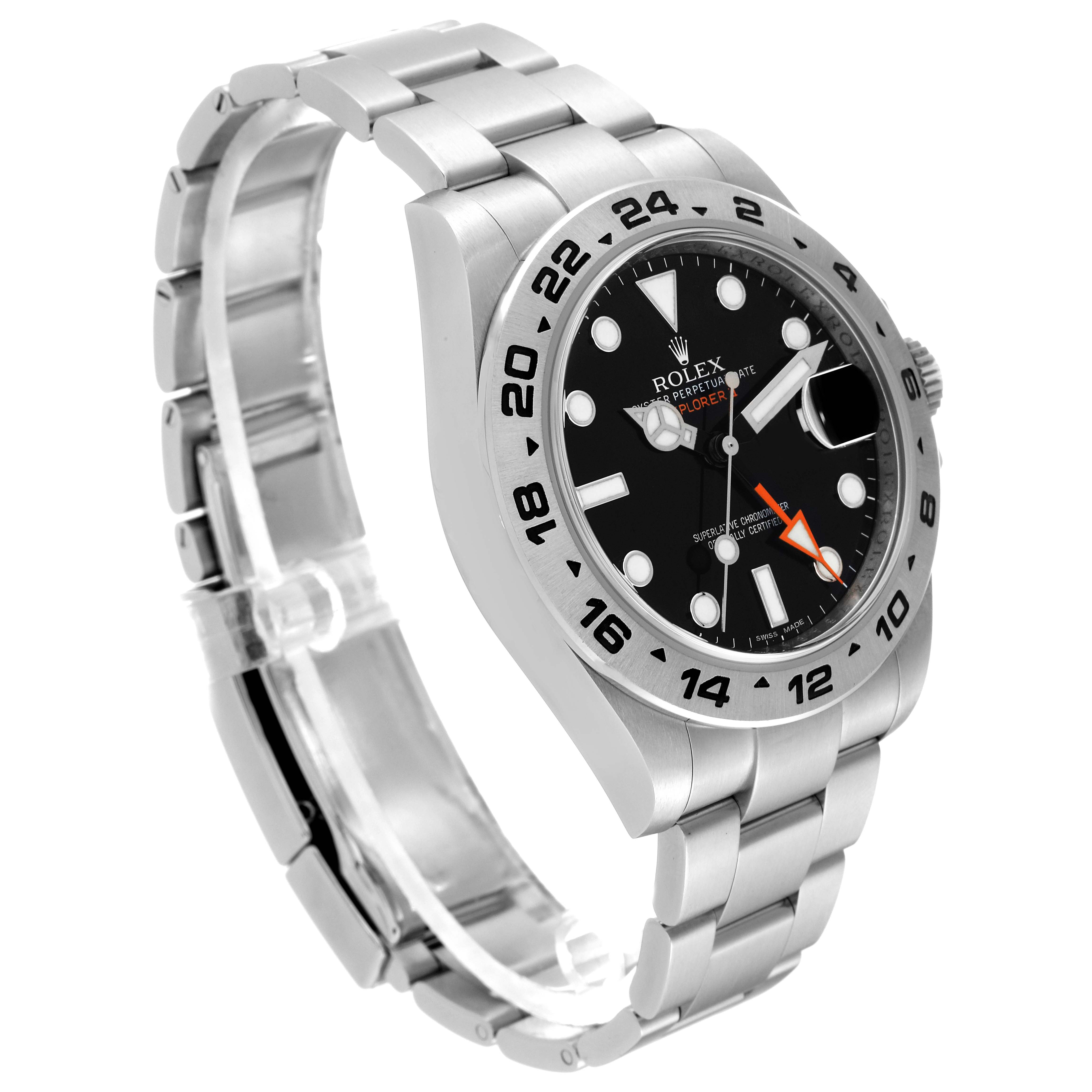 The image shows a side angle of the Rolex Explorer 216570 Men
s Stainless Steel Black Dial 216570 Men
s Stainless Steel Black Dial watch, highlighting the face, bezel, band, and crown.