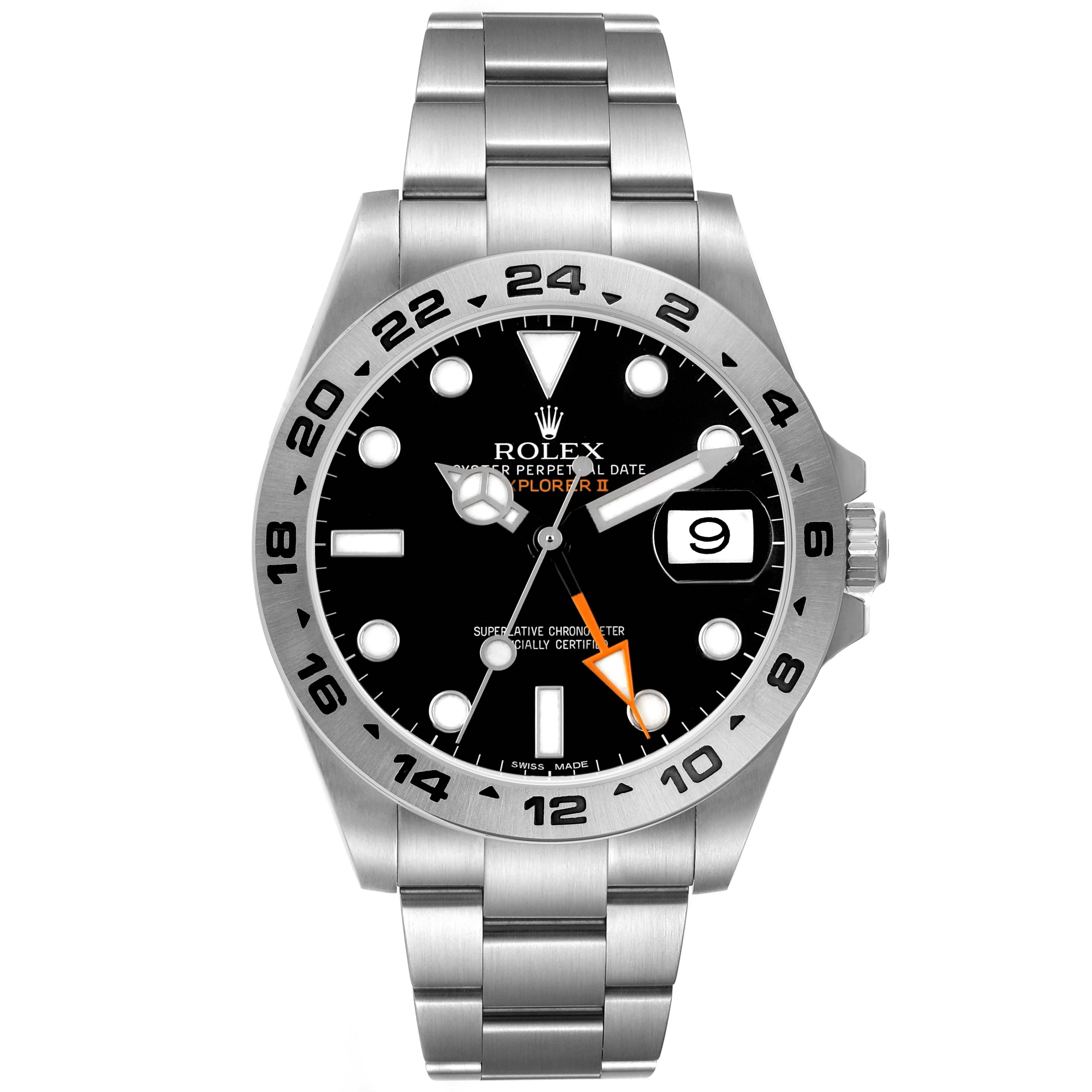 The Rolex Explorer 216570 Men's Stainless Steel Black Dial watch is shown from a front angle, highlighting its dial, bezel, strap, and date feature.