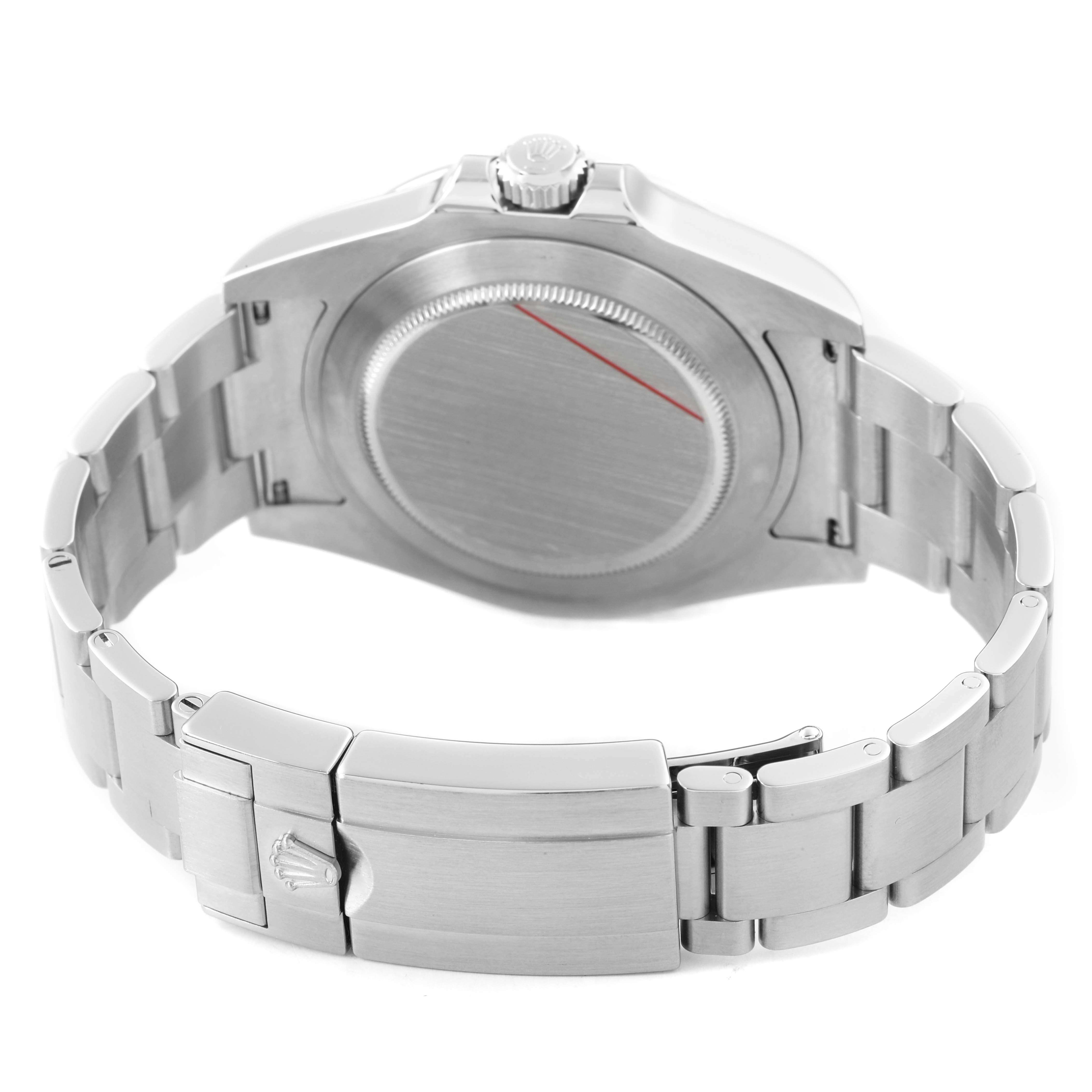 The image shows the back and clasp of a Rolex Explorer 216570 Men's Stainless Steel Black Dial watch with a stainless steel bracelet.