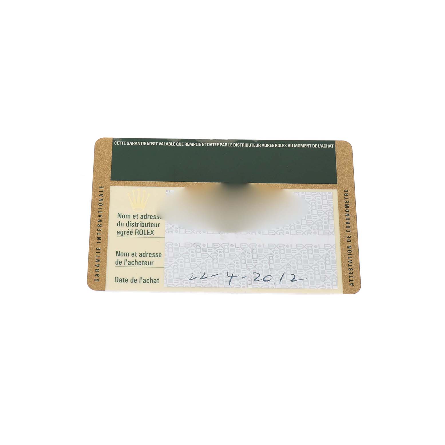 The image shows a warranty card for the Rolex Explorer 216570 Men's Stainless Steel Black Dial, displaying details like the purchase date and dealer information.