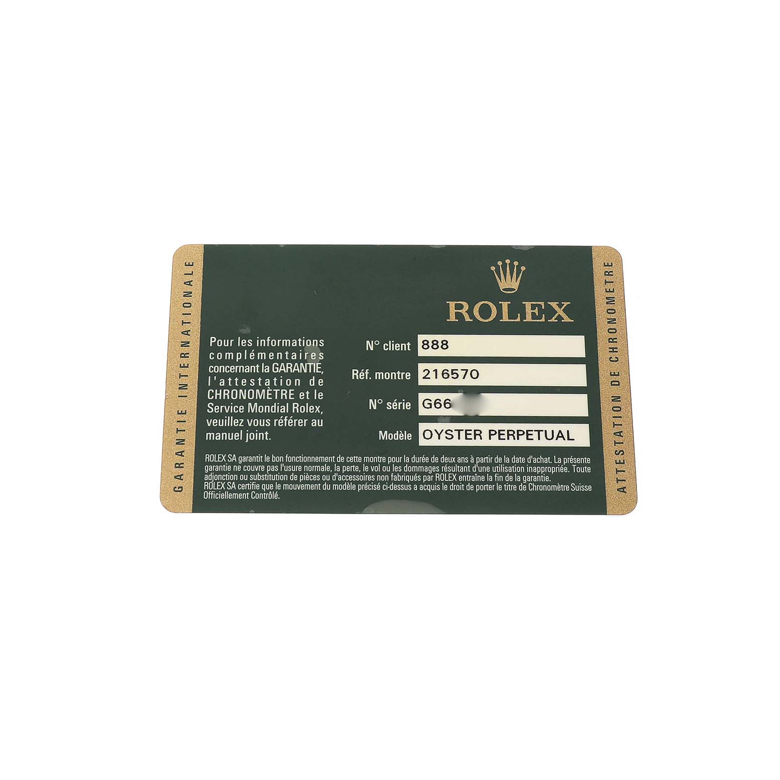 The image shows a Rolex warranty card for the Explorer model, displaying client number, watch reference, serial number, and model name.