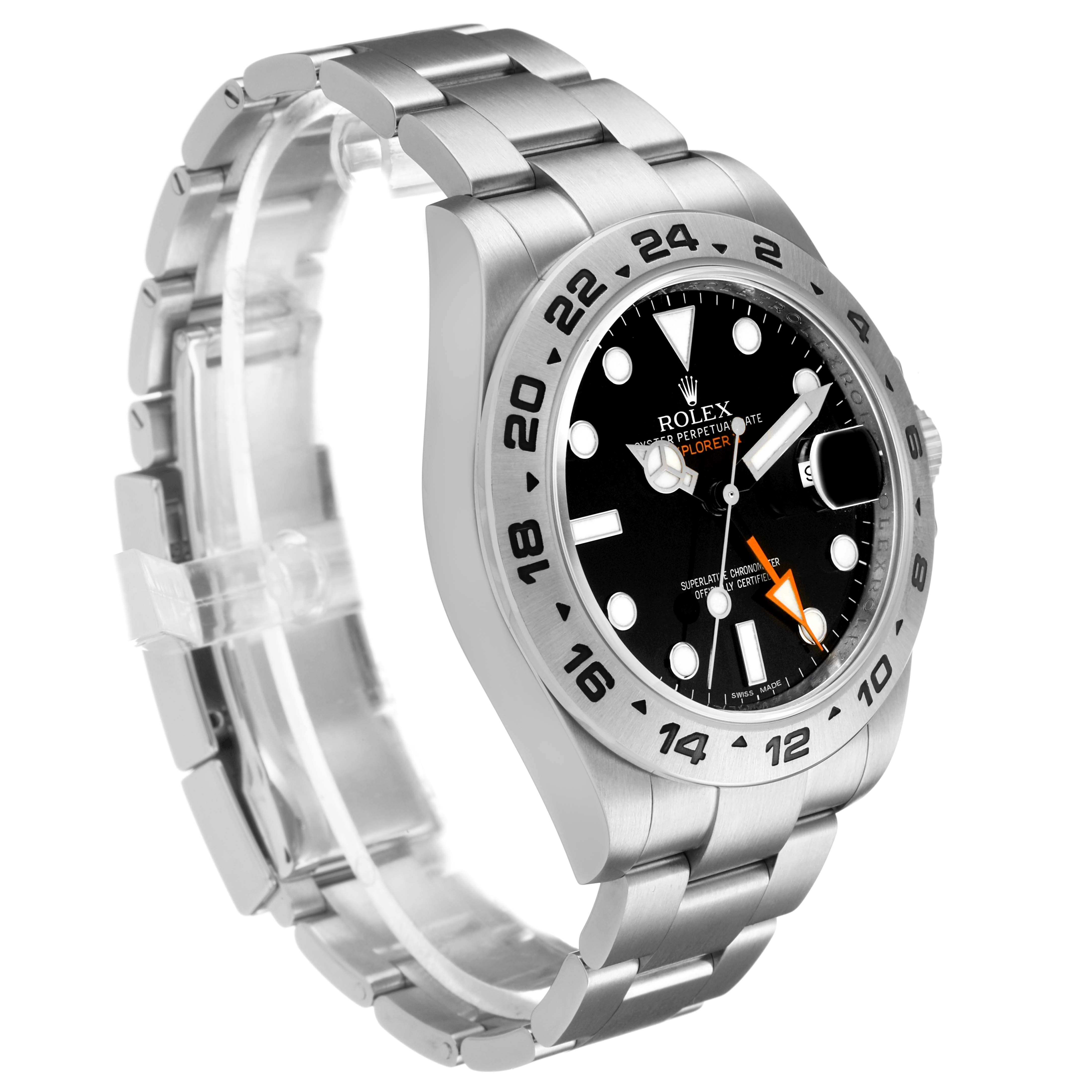 The Rolex Explorer 216570 Men's Stainless Steel Black Dial watch is shown at a three-quarter angle, displaying the face, bezel, and bracelet.