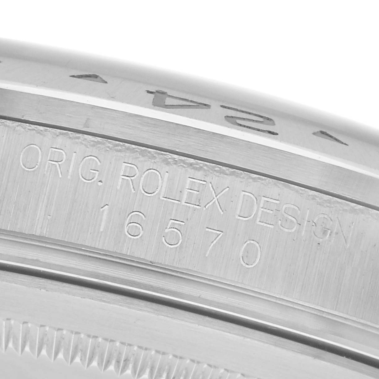The image shows the side of a Rolex Explorer 16570 Men's Stainless Steel Black Dial 16570 Men's Stainless Steel Black Dial with the engraved model number "16570" prominently visible.