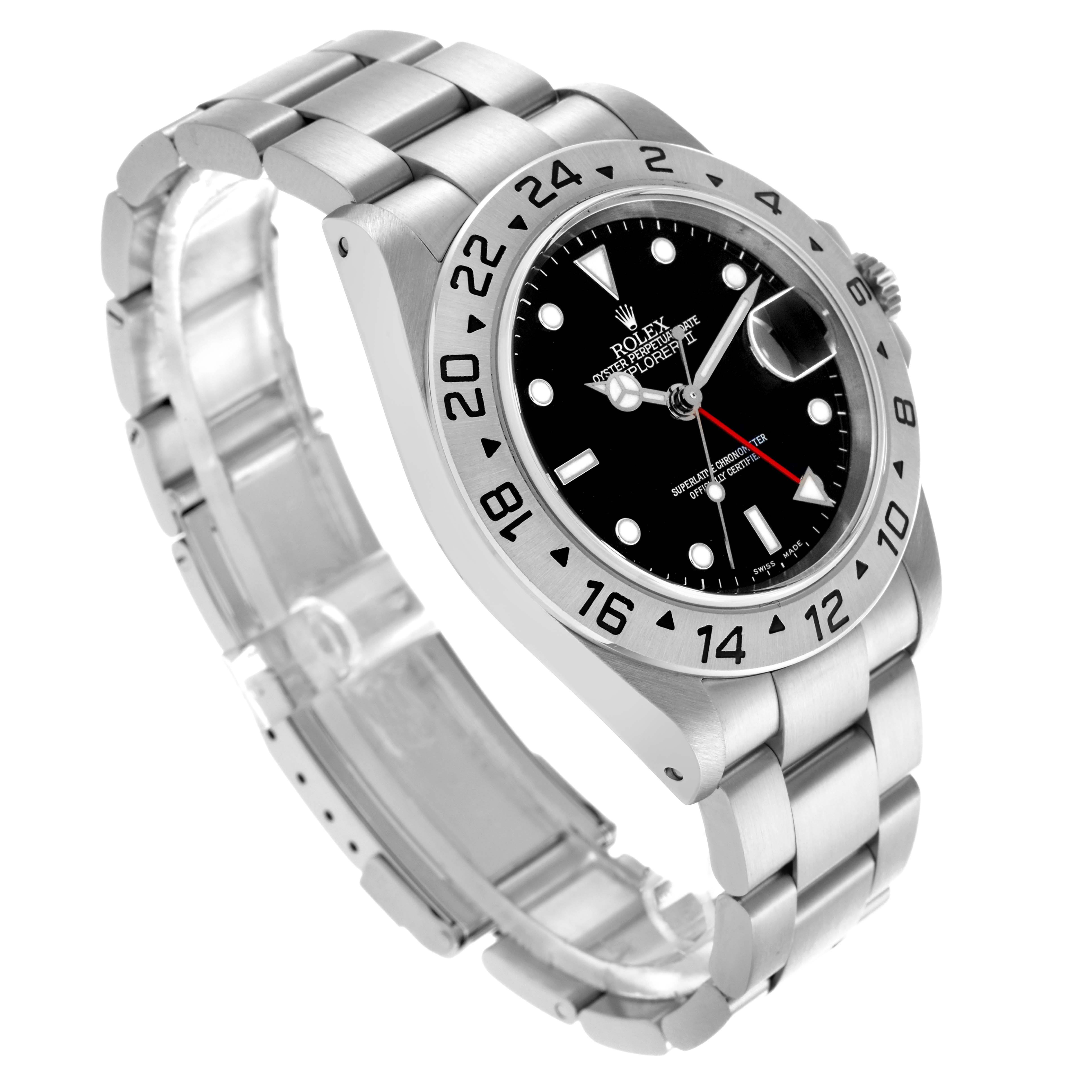 The Rolex Explorer 16570 Men's Stainless Steel Black Dial 16570 Men's Stainless Steel Black Dial watch is shown at an angle highlighting the face, bezel, and bracelet.