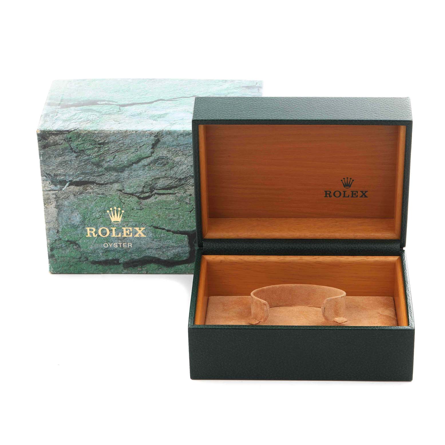 The image shows a Rolex Explorer 16570 Men's Stainless Steel Black Dial 16570 Men's Stainless Steel Black Dial box, open and empty, with the outer casing visible alongside.