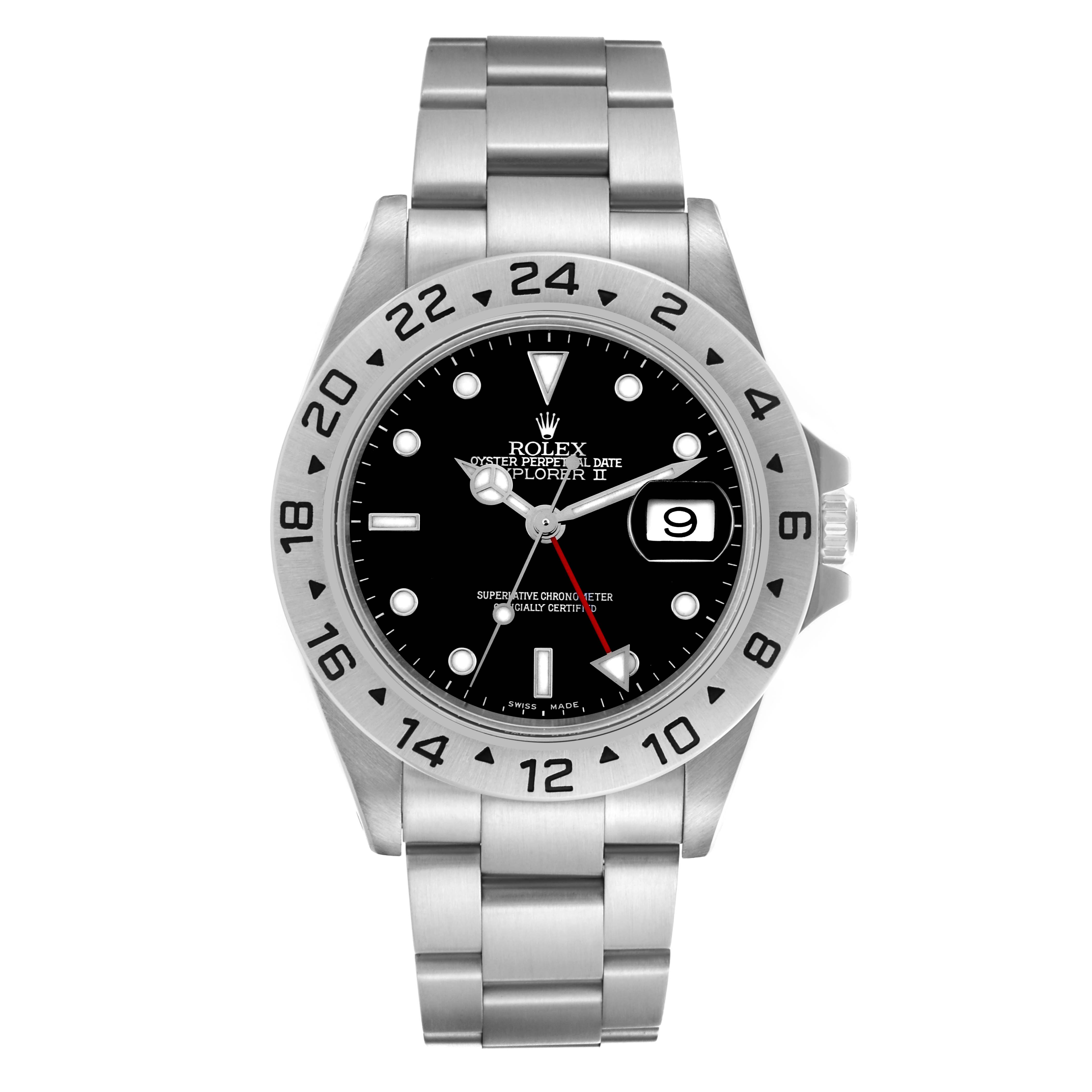 The Rolex Explorer 16570 Men's Stainless Steel Black Dial 16570 Men's Stainless Steel Black Dial watch is shown from the front, displaying the bezel, dial, bracelet, and date feature.