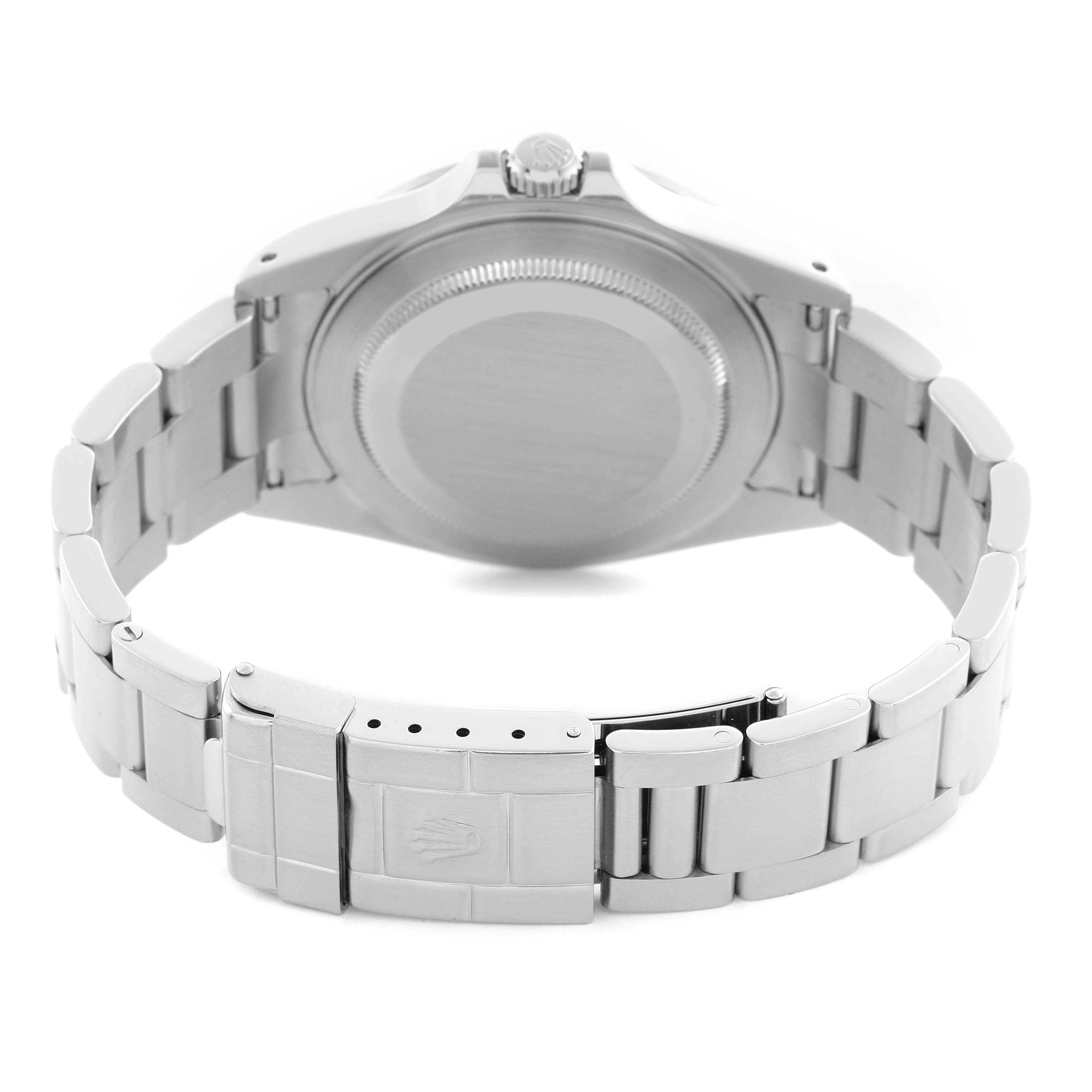 The Rolex Explorer 16570 Men's Stainless Steel Black Dial 16570 Men's Stainless Steel Black Dial is shown from the back, highlighting the case back, bracelet, and clasp.